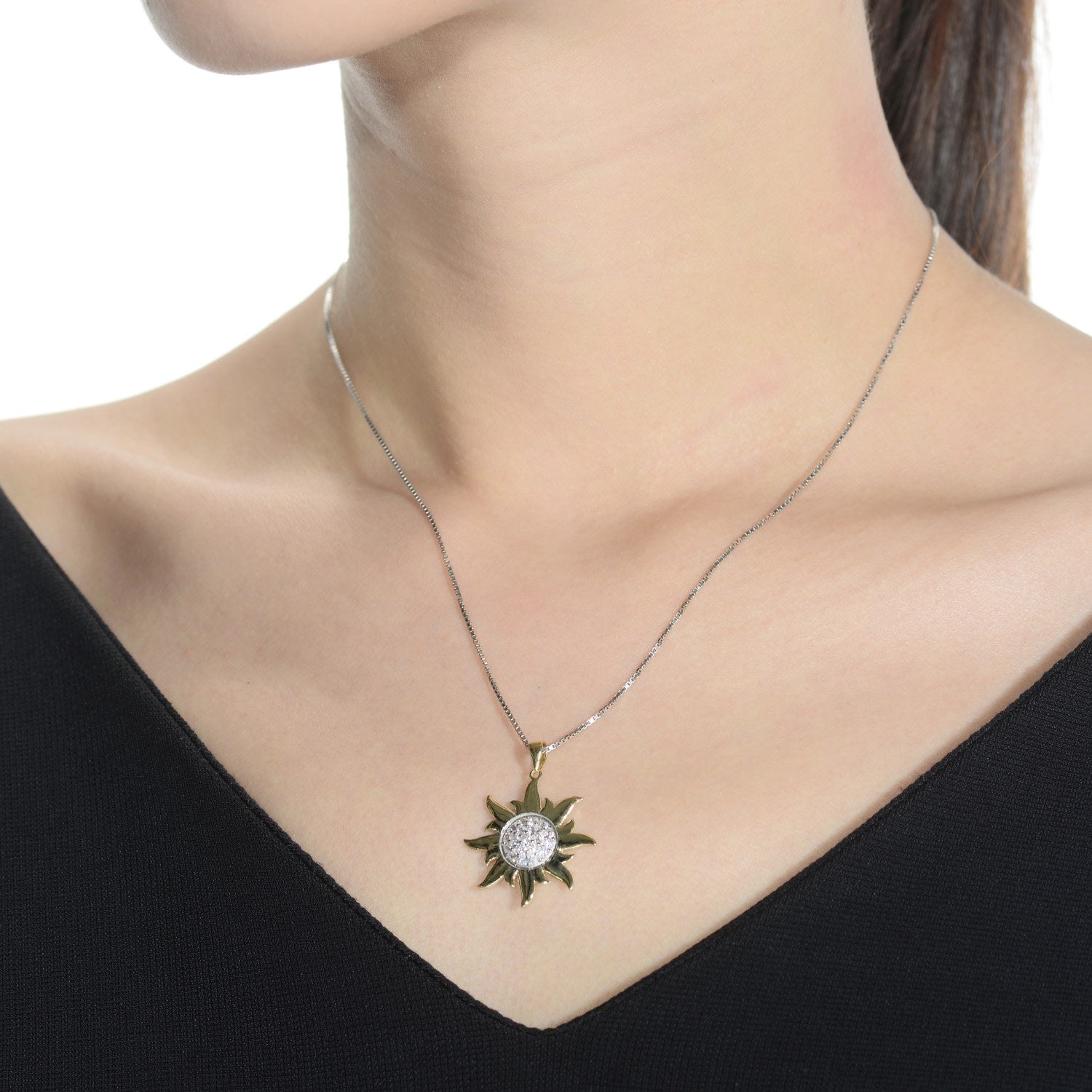 Yellow Gold Plated White Cubic Zirconia Sun Shaped Pendant Necklace