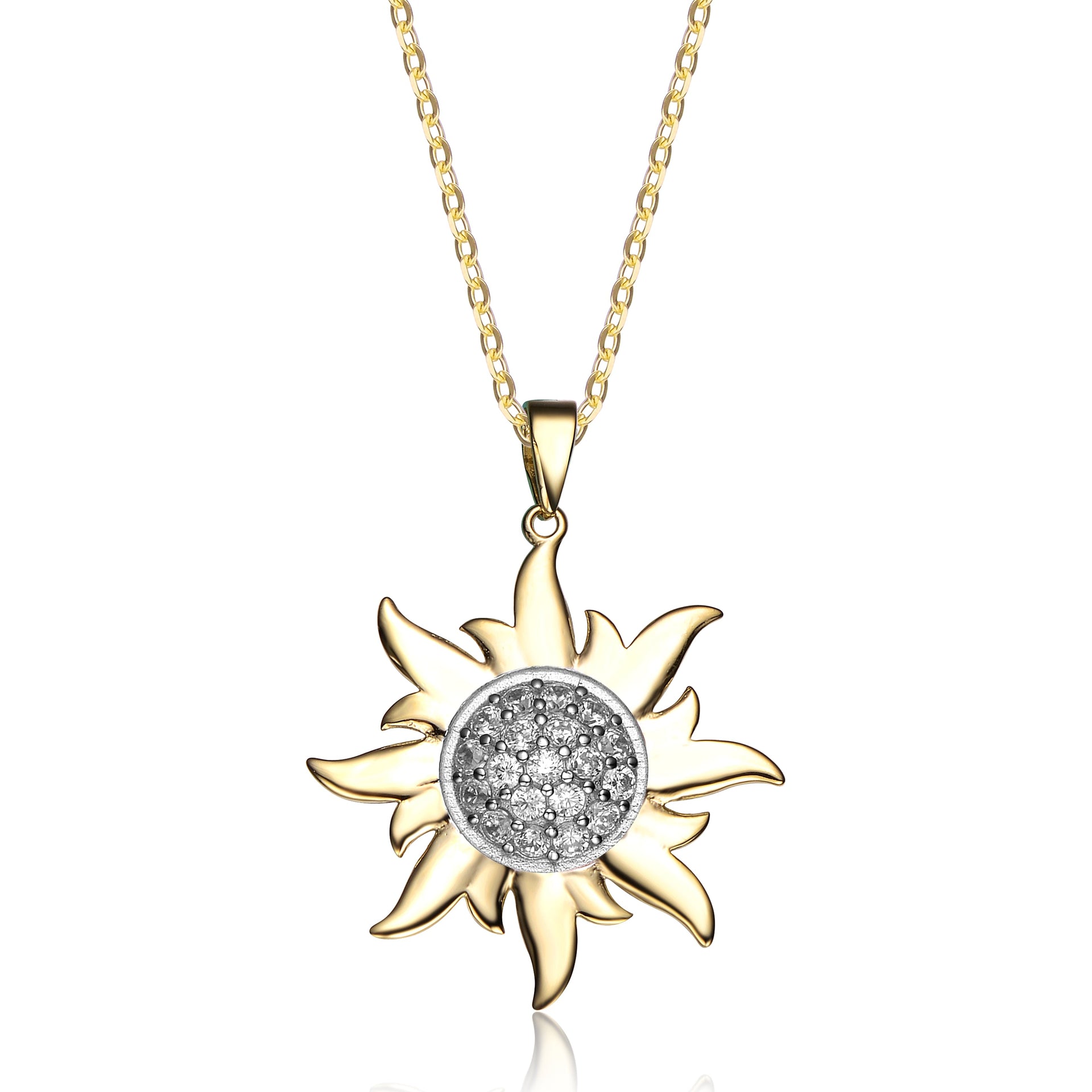 Yellow Gold Plated White Cubic Zirconia Sun Shaped Pendant Necklace