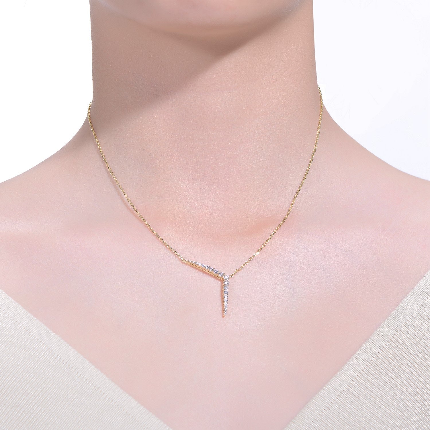 Yellow Gold Plated With Clear Cubic Zirconia Solar Chevron Necklace In Sterling Silver
