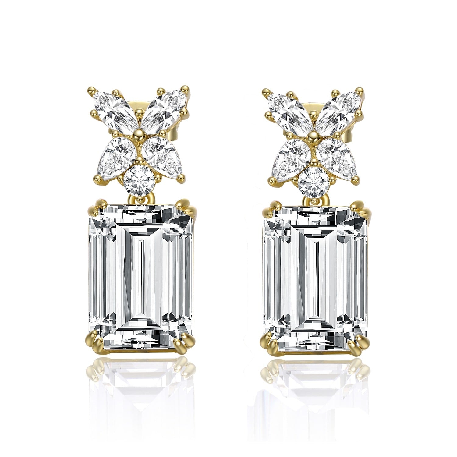 Yellow Gold Plated With Emerald Cut Clear Cubic Zirconia Cluster Drop Earrings