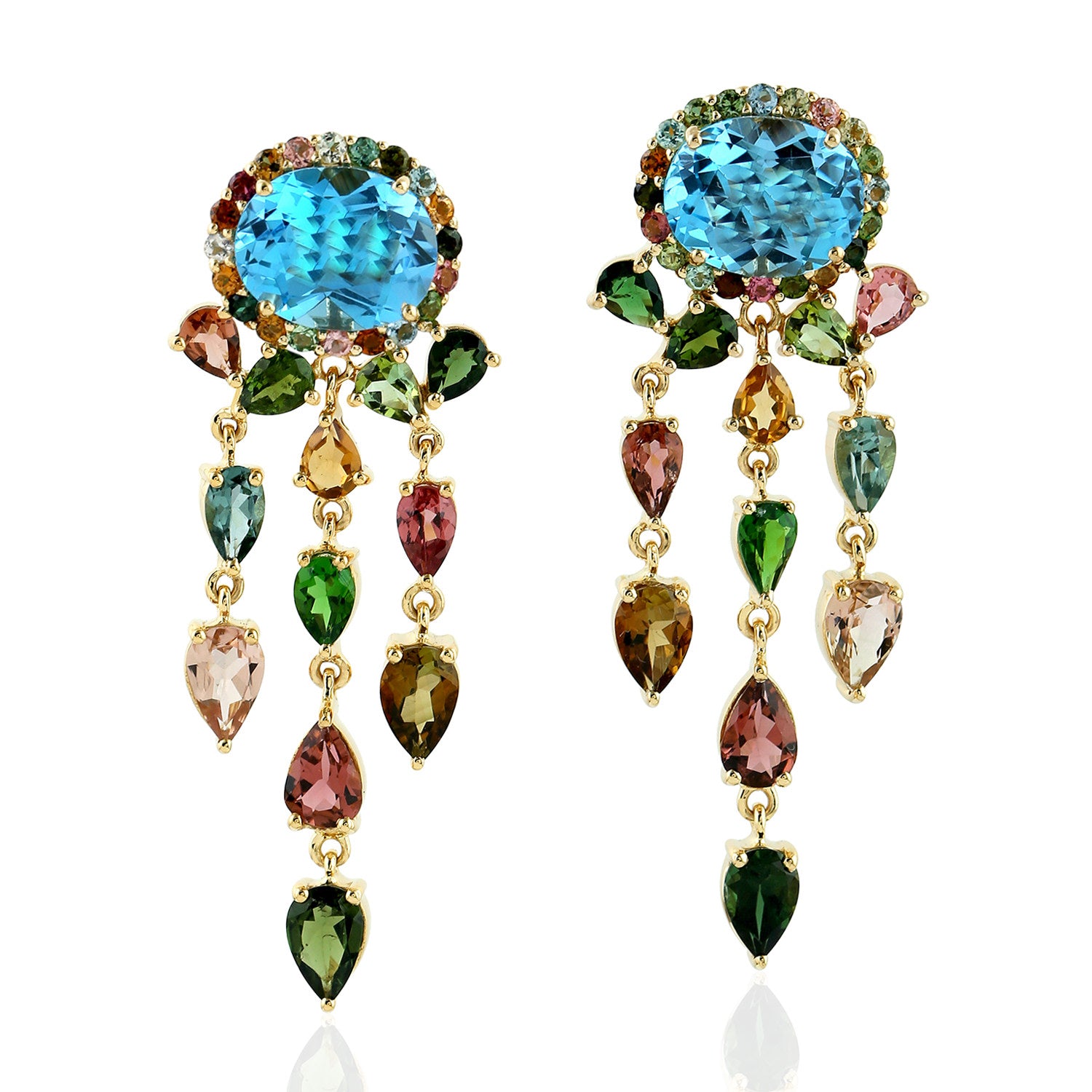 Rainbow Tourmaline & Blue Topaz Gemstone Chandelier Earrings In Gold
