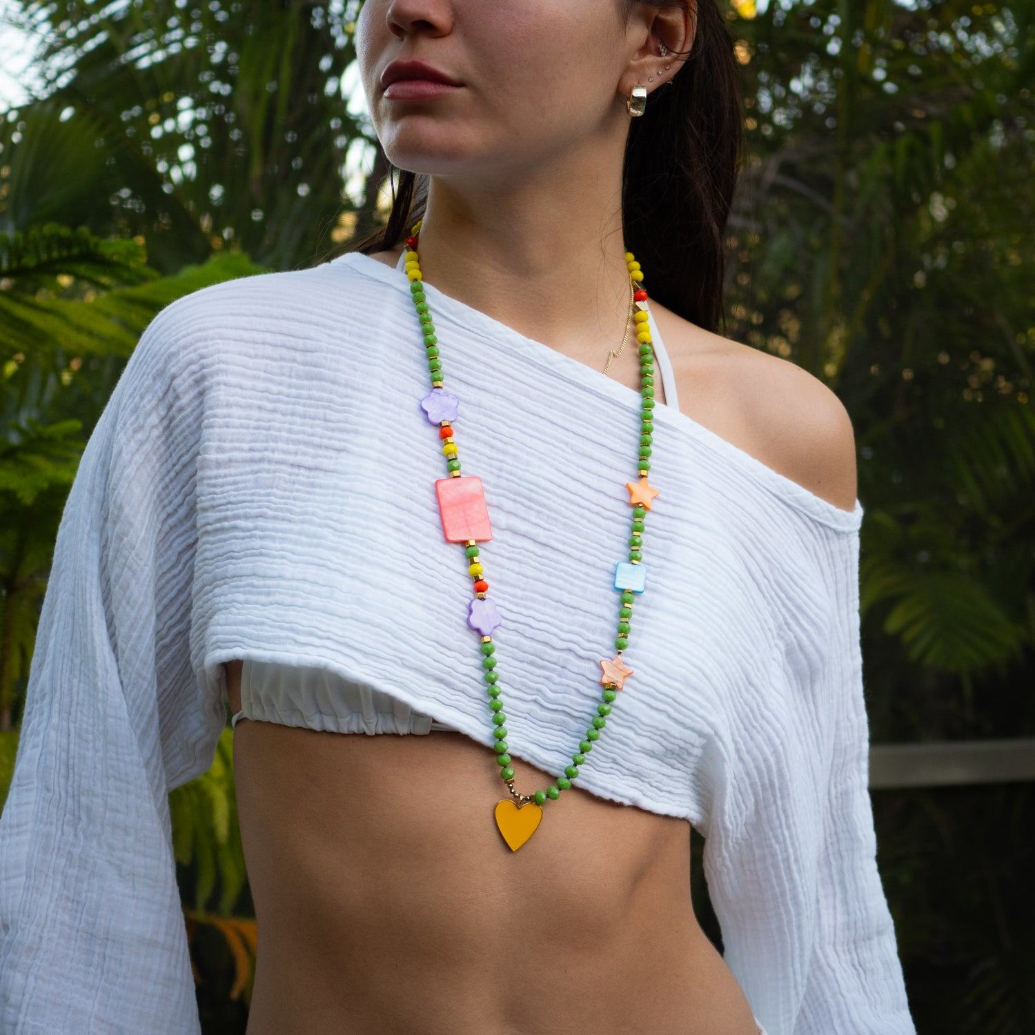 Yellow Heart Summer Vibe Beaded Colorful Necklace - Multicolor