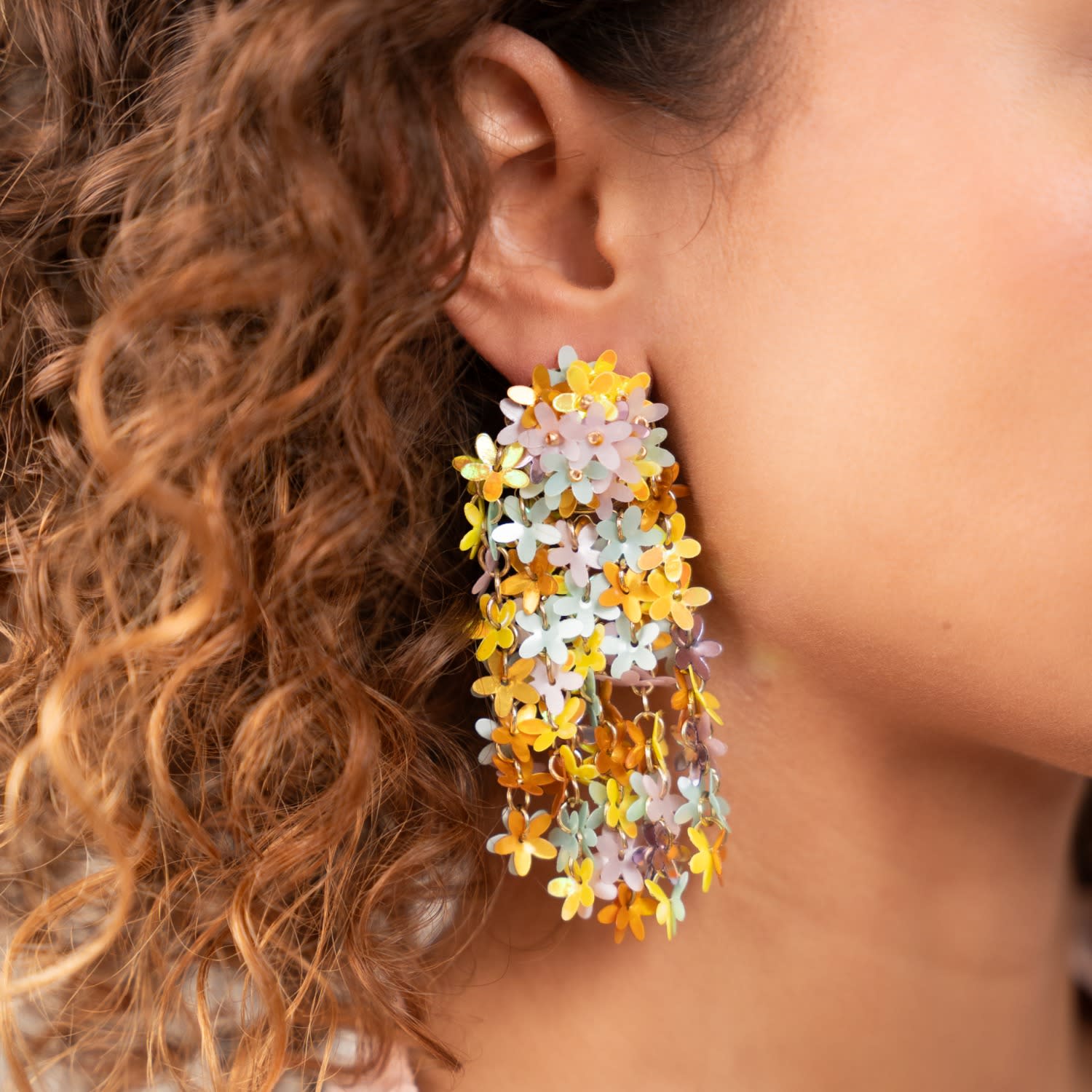 Yellow Lavender Mint Sequin Flower Rain Earrings