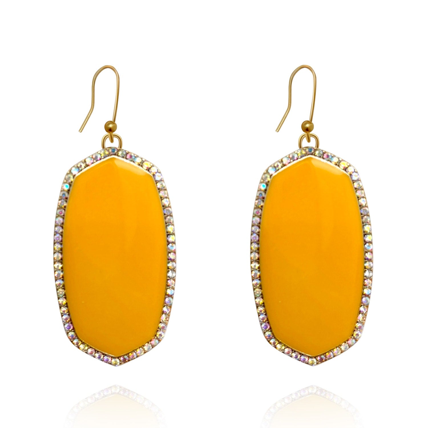 Yellow Ochre Hand-Enameled Drop Earrings With Crystal Rim On French Wire