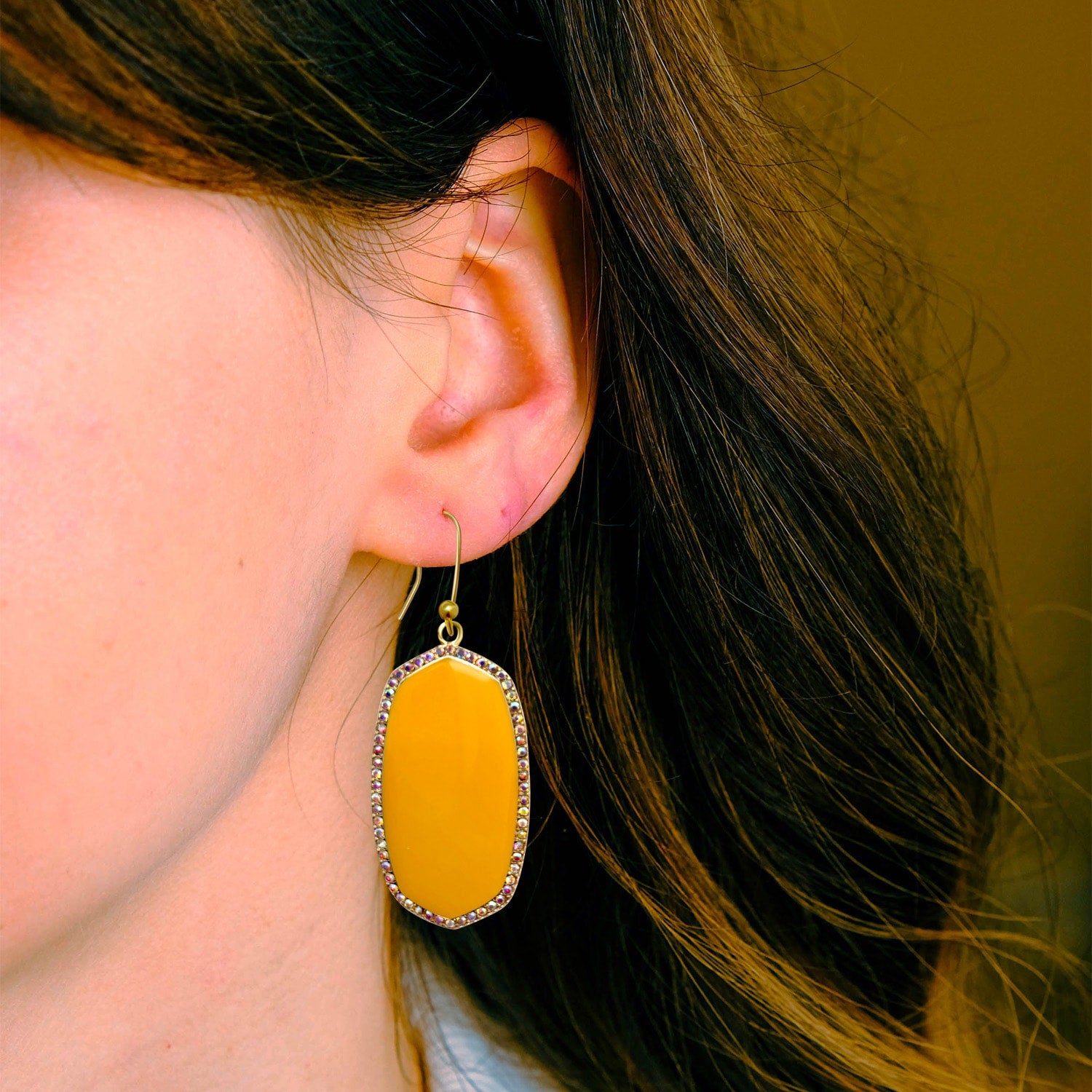 Yellow Ochre Hand-Enameled Drop Earrings With Crystal Rim On French Wire
