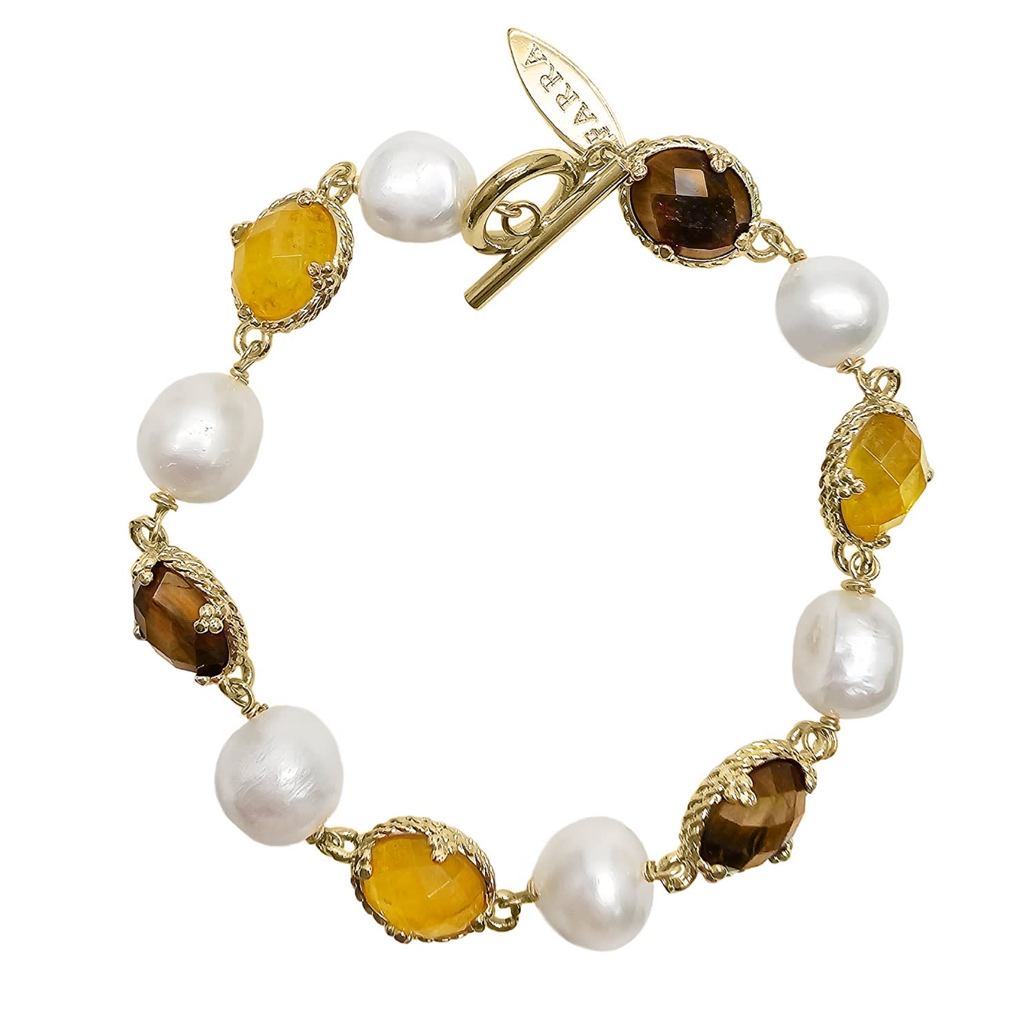 Yellow Quartz And Brown Tiger-Eye With Freshwater Pearl Bracelet