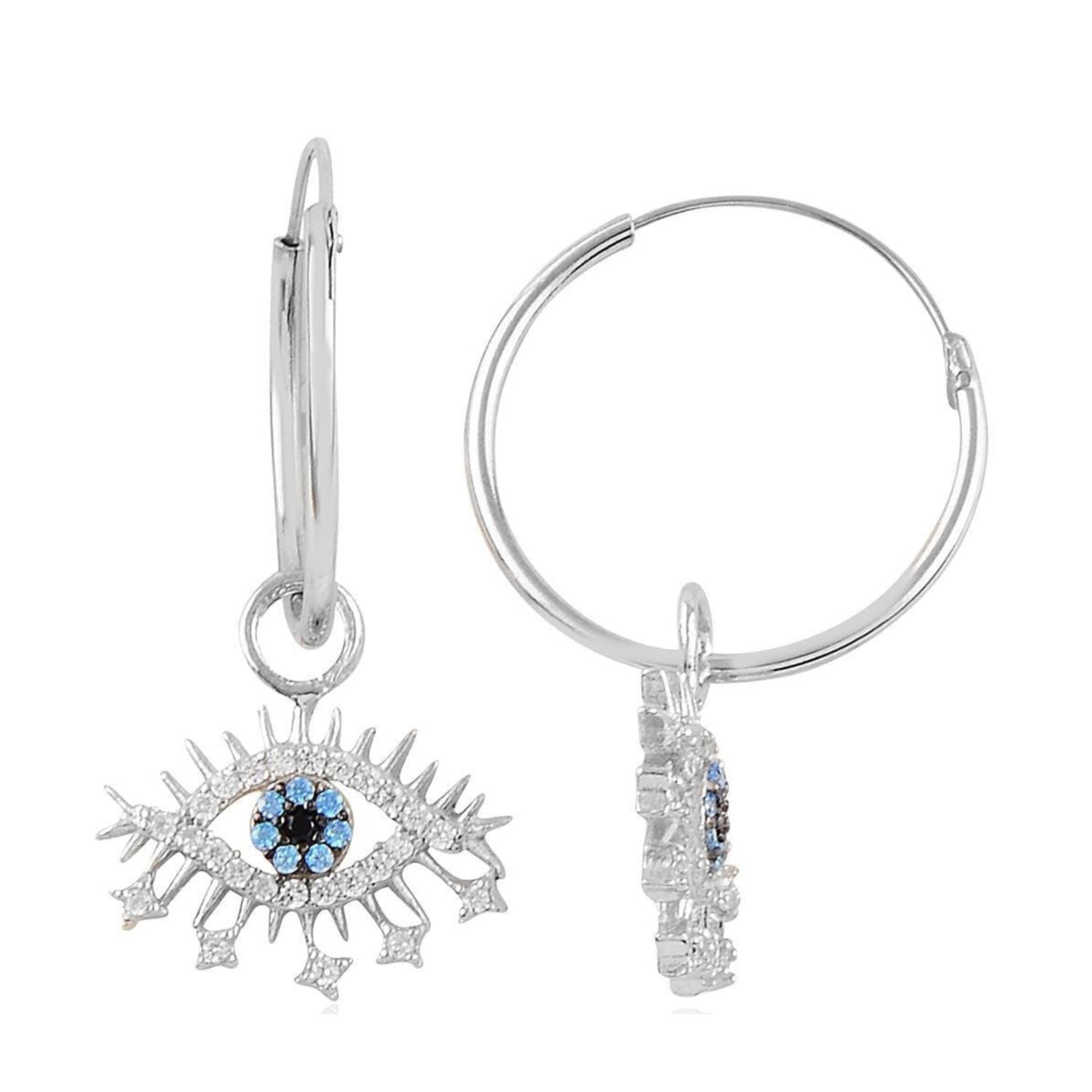 Evil Eye Earring Blue Eye Eyelash Sterling Silver Hoop Earring - Silver