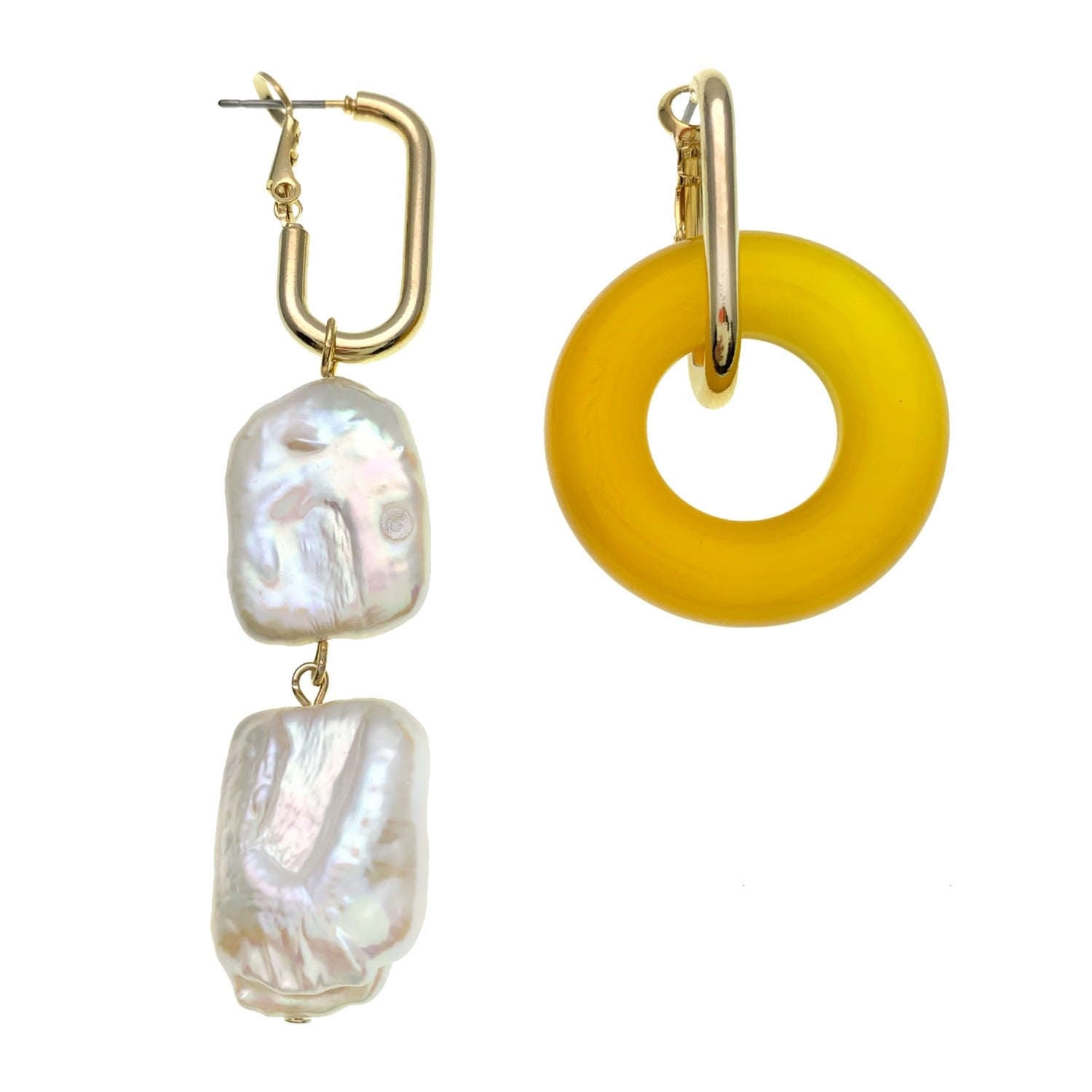 Round Olive Jade & Flat Freshwater Pearls Asymmetric Clip On Earrings