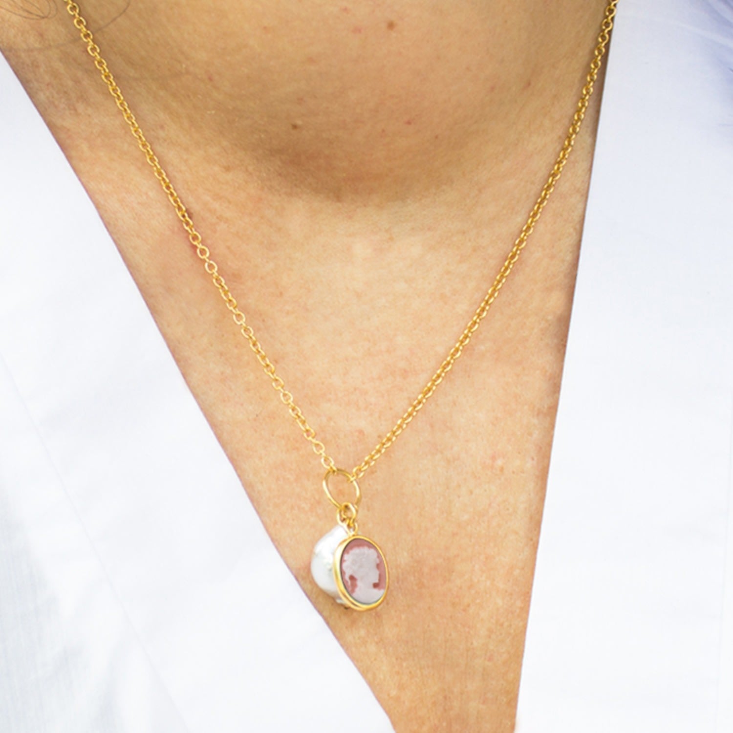 Pink Cameo With A Pearl Necklace