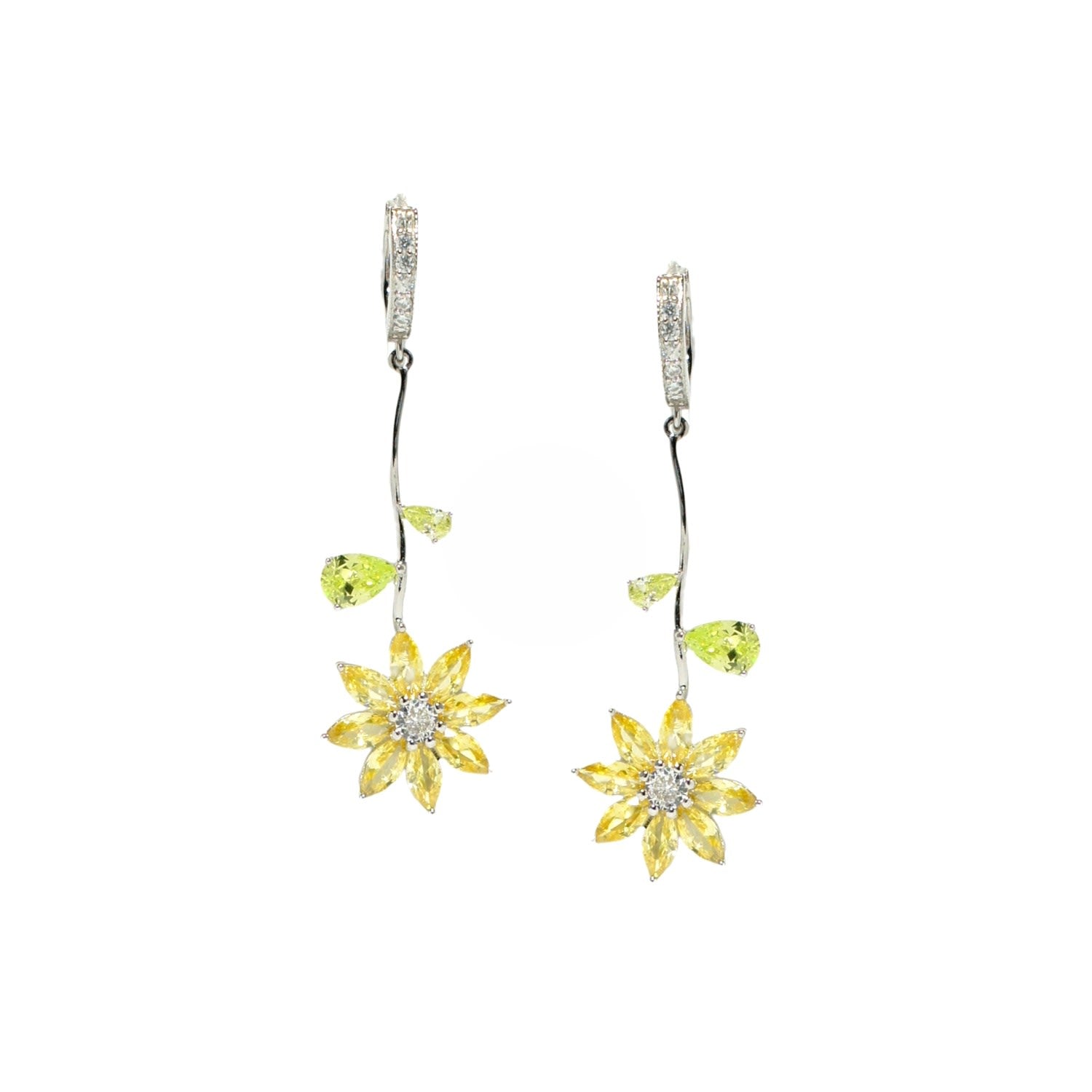 Garden Tales Crystal Daisy Drop Sterling Silver Earrings With Crystal Paved Hoops, Mellow Yellow