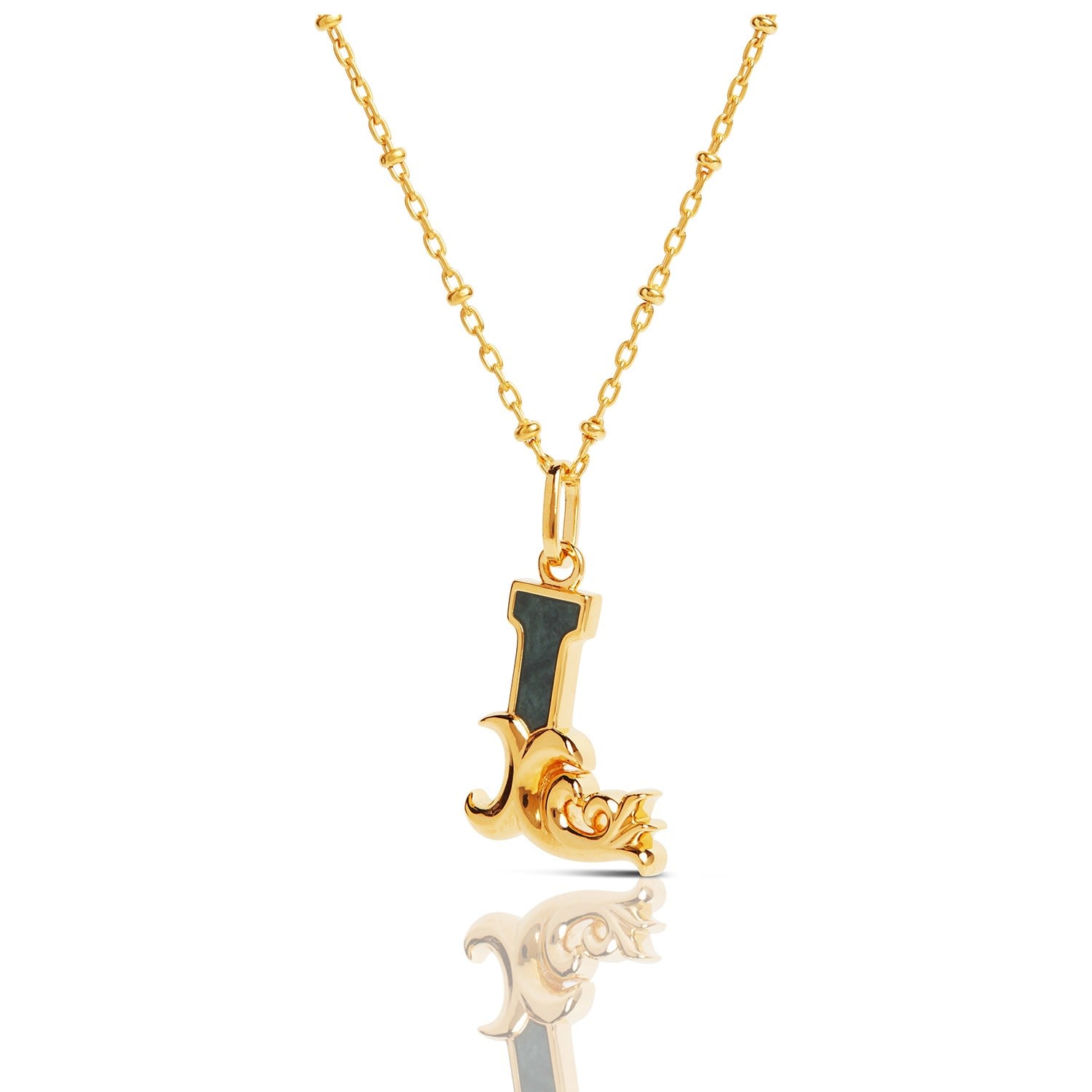 Gold Plated L Initial Necklace With Green Marble