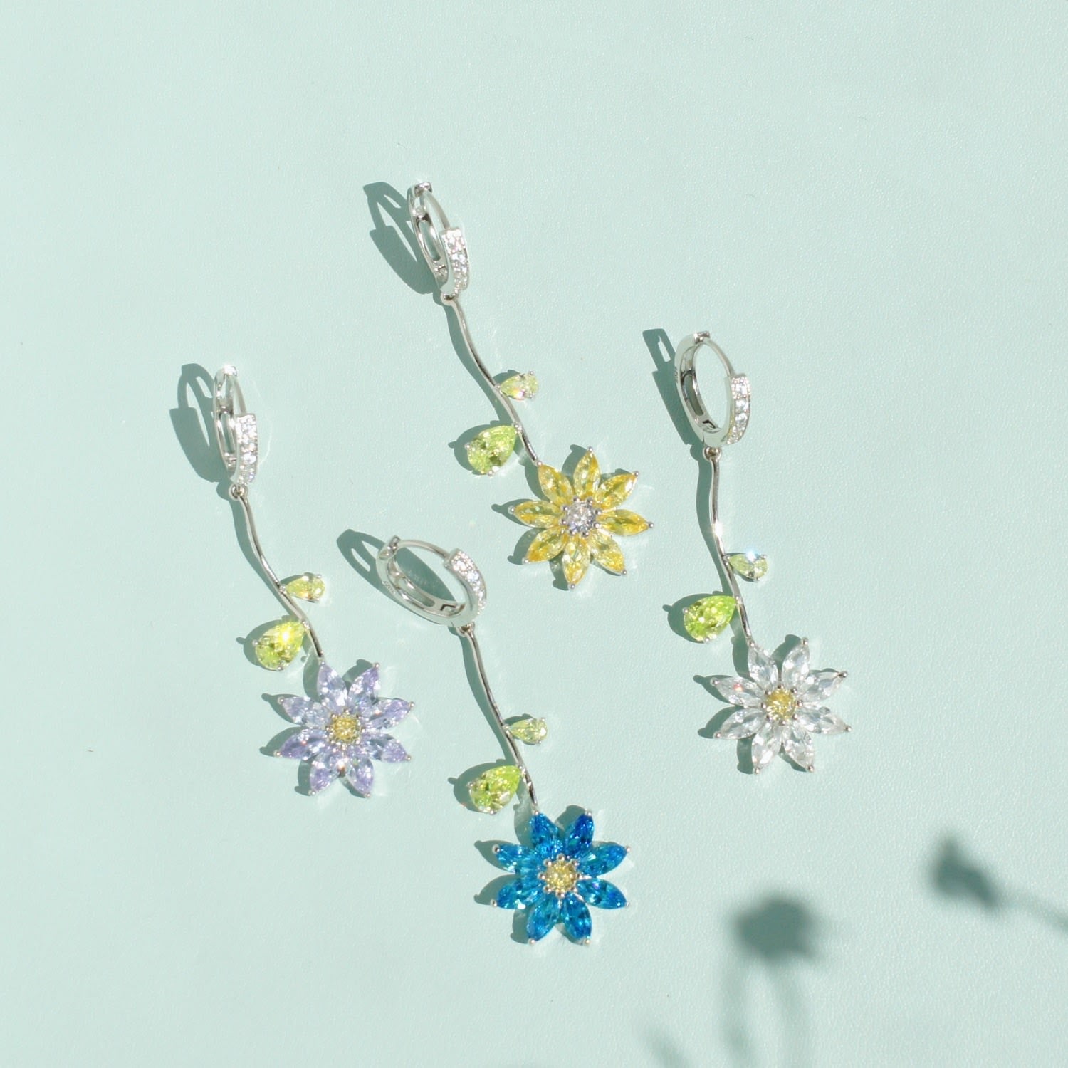 Garden Tales Crystal Daisy Drop Earring With Pave Hoops, Lilac