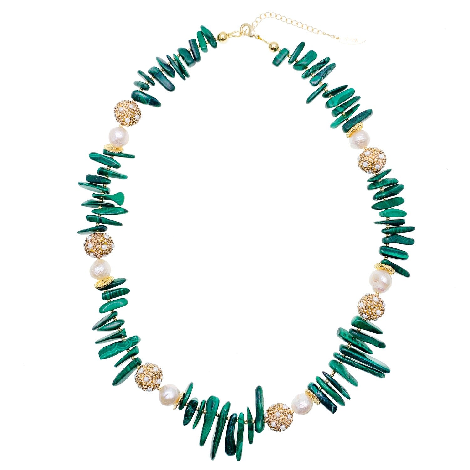 Malachite With Freshwater Pearls And Rhinestones Statement Necklace