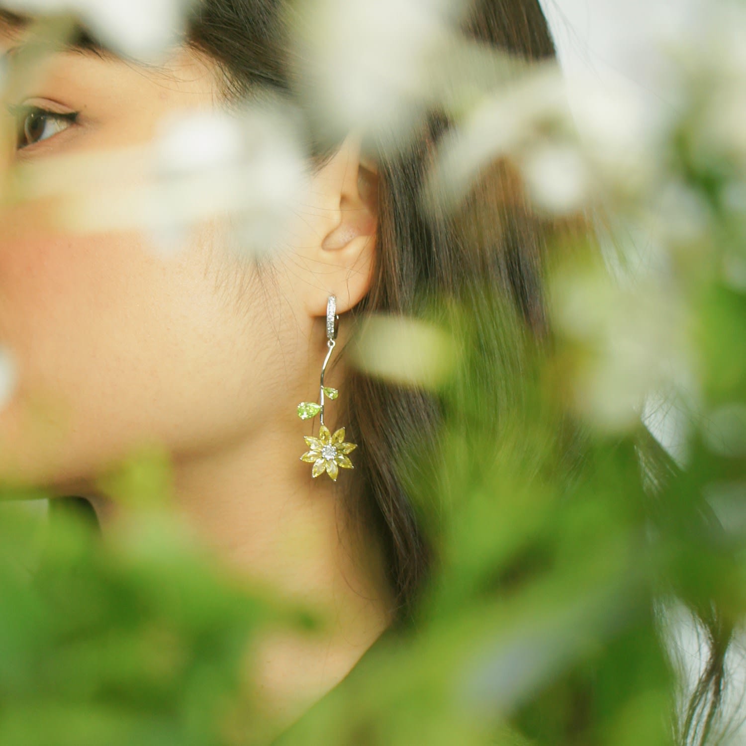 Garden Tales Crystal Daisy Drop Sterling Silver Earrings With Crystal Paved Hoops, Mellow Yellow