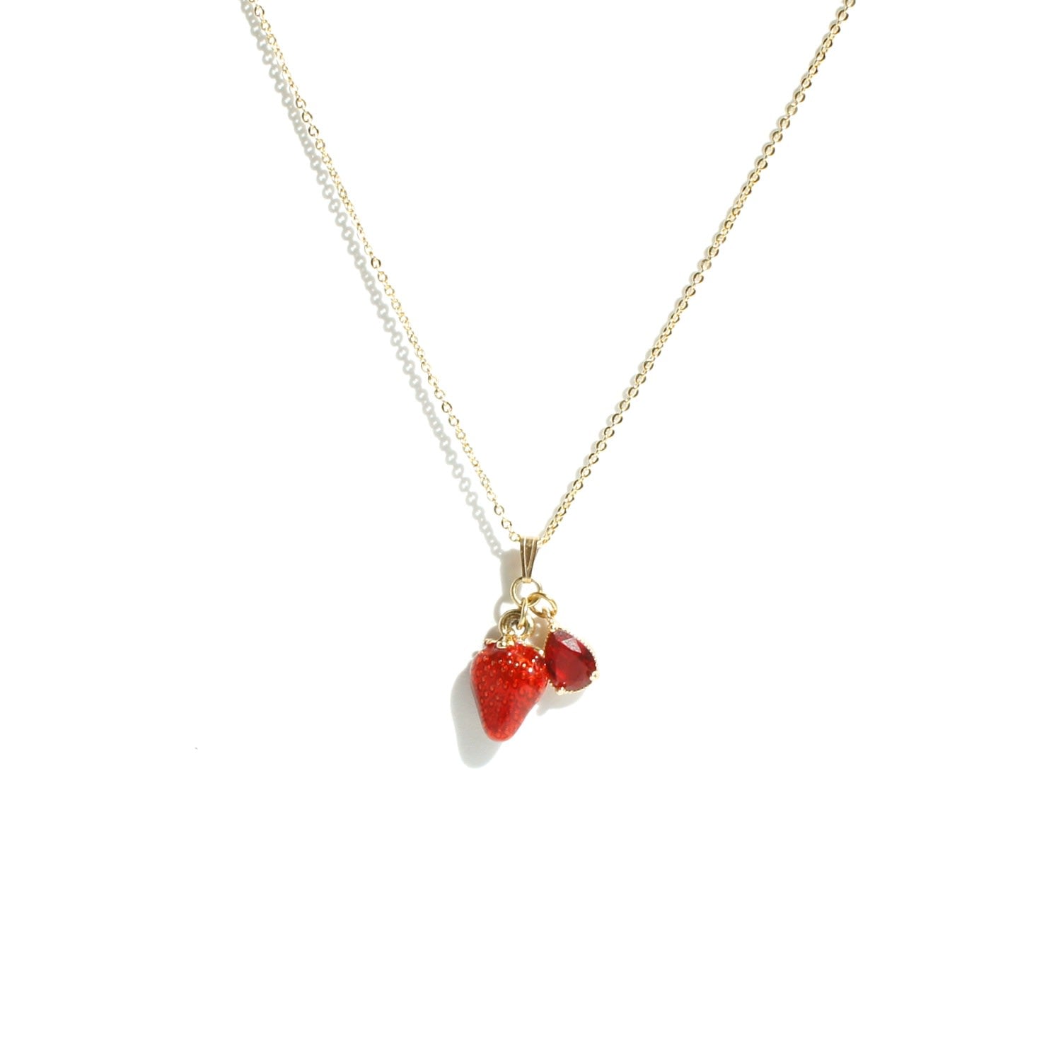 Fruity Chain Necklace With Enamel & Crystal Pendant - Strawberry