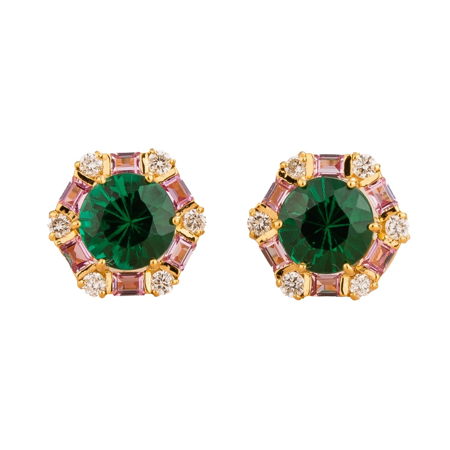 Melba Gold Earrings Emerald, Pink Sapphire & Diamond