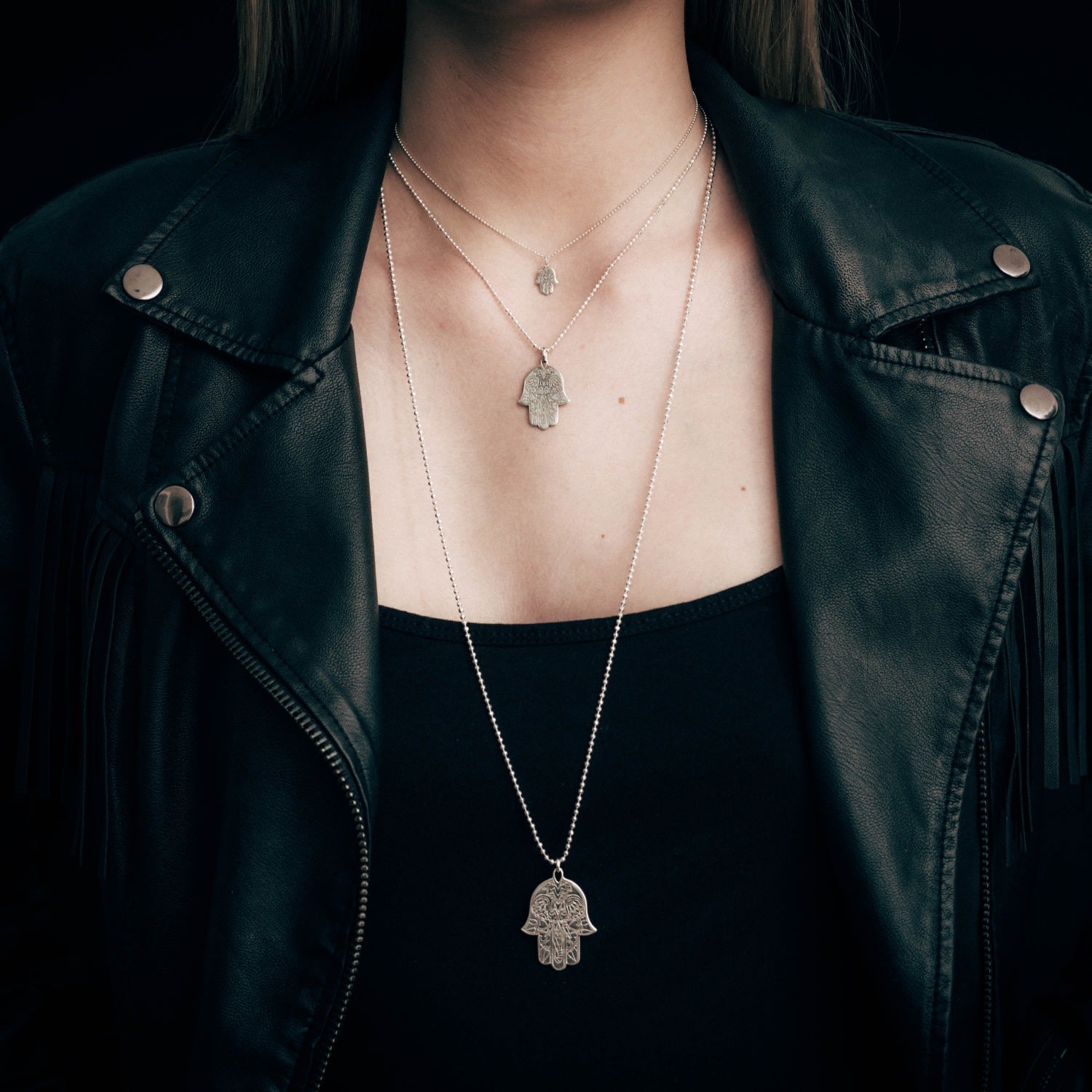 Medium Silver Hamsa Hand Pendant Necklace