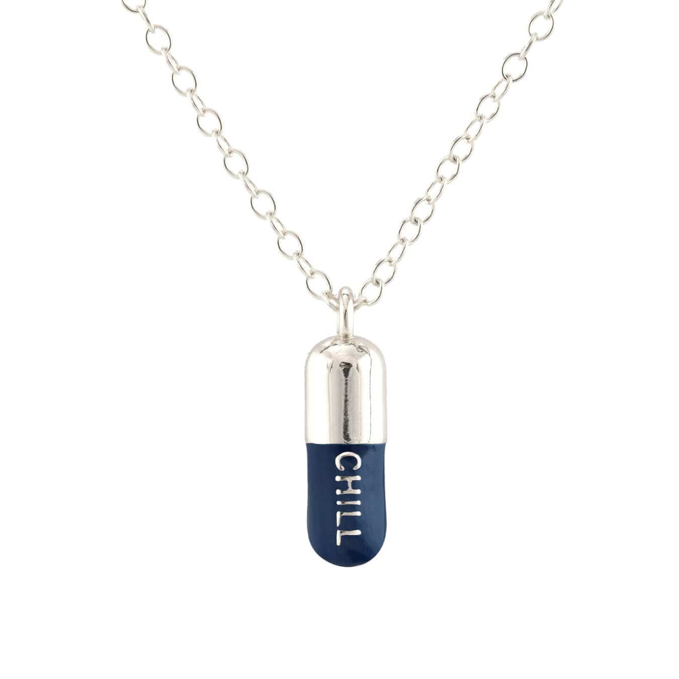 Chill Pill Enamel Necklace Sterling Silver, Navy Blue