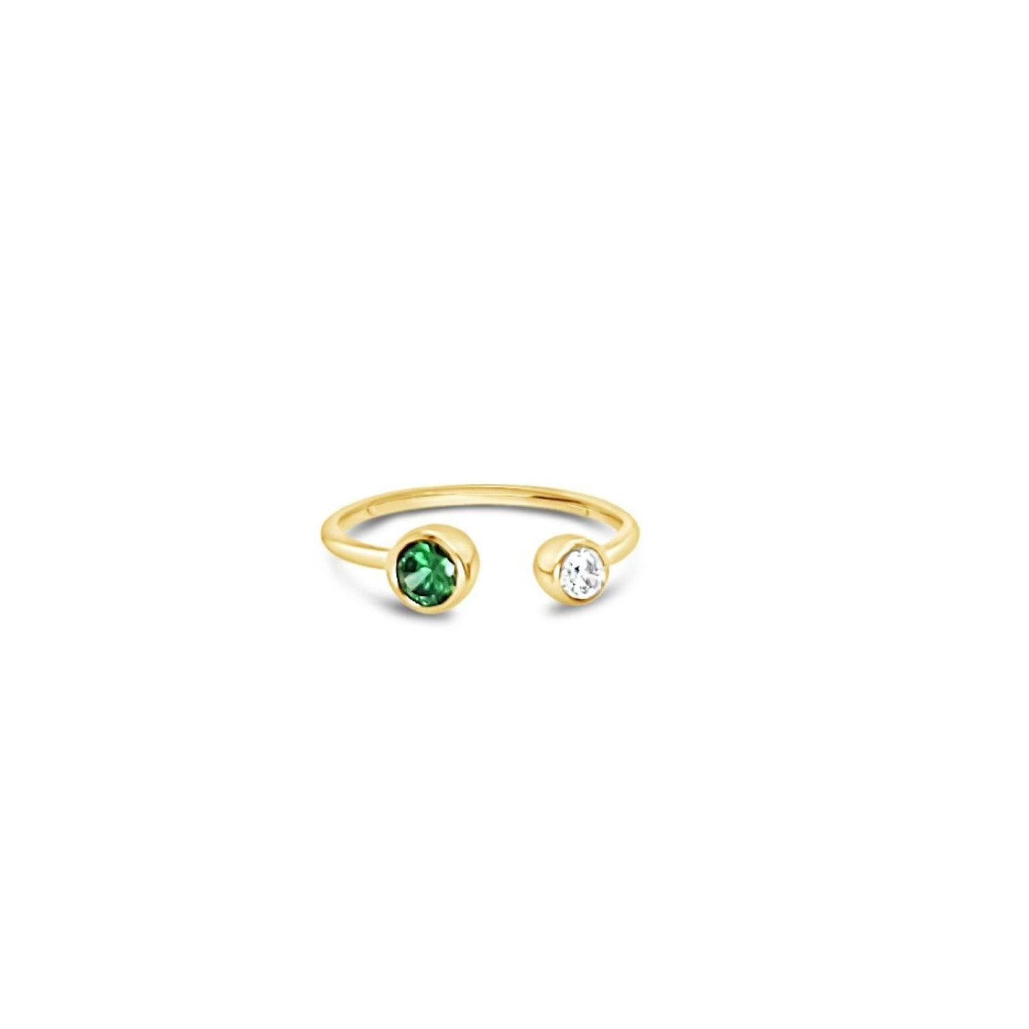 Open Ring With Two Round Stones White/Emerald - Gold