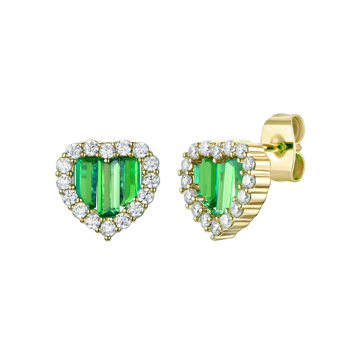 Rachel Glauber Young Adult Yellow Gold Plated With Green Cubic Zirconia Baguette Heart Halo Stud Earring