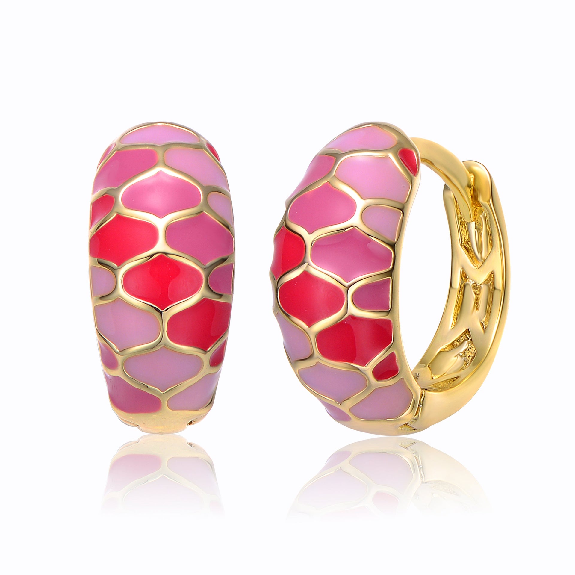 Rachel Glauber Young Adults-Teens Yellow Gold Plated Pink Sunset Stained Glass Snake Scale Hoop Earrings