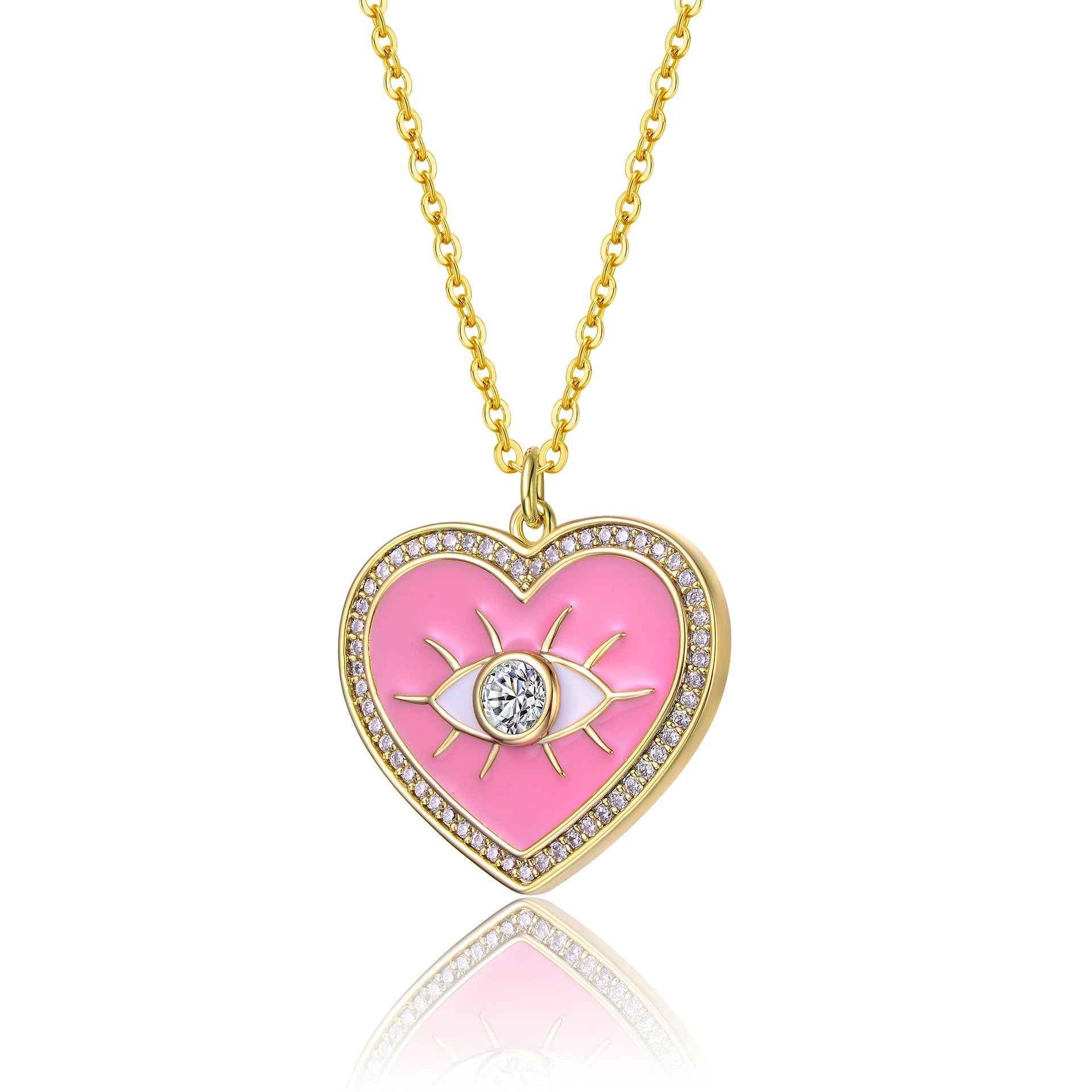 Rachel Glauber Young Adults-Teens Yellow Gold Plated With Clear Cubic Zirconia Pink Enamel Heart Evil Eye Pendant Necklace