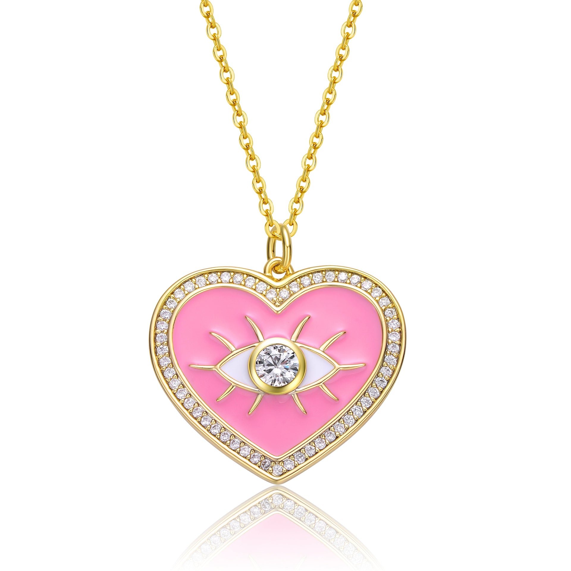 Rachel Glauber Young Adults-Teens Yellow Gold Plated With Clear Cubic Zirconia Pink Enamel Heart Evil Eye Pendant Necklace