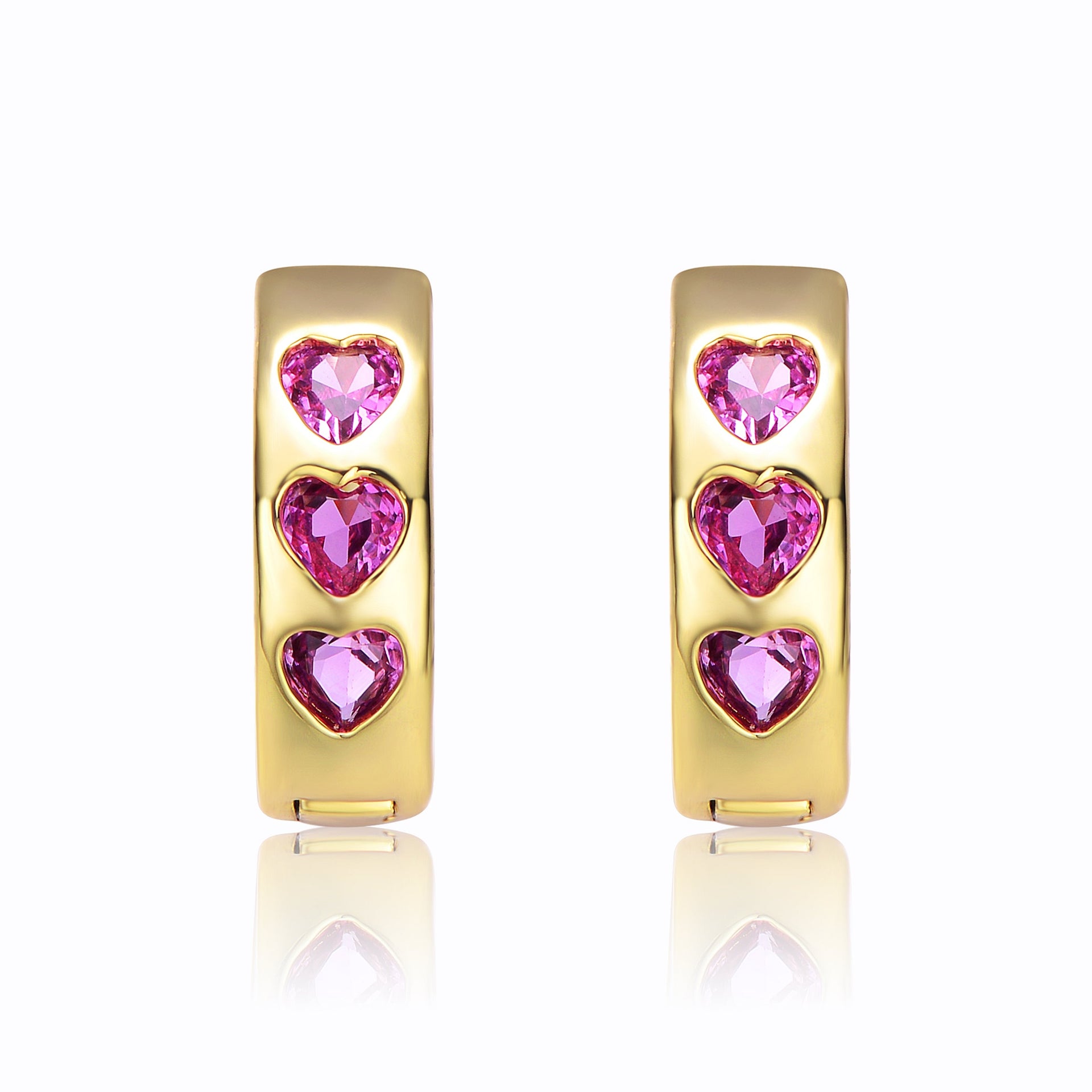 Young Adults-Teens Yellow Gold Plated With Heart Pink Cubic Zirconia Triple Stone Round Hoop Earrings