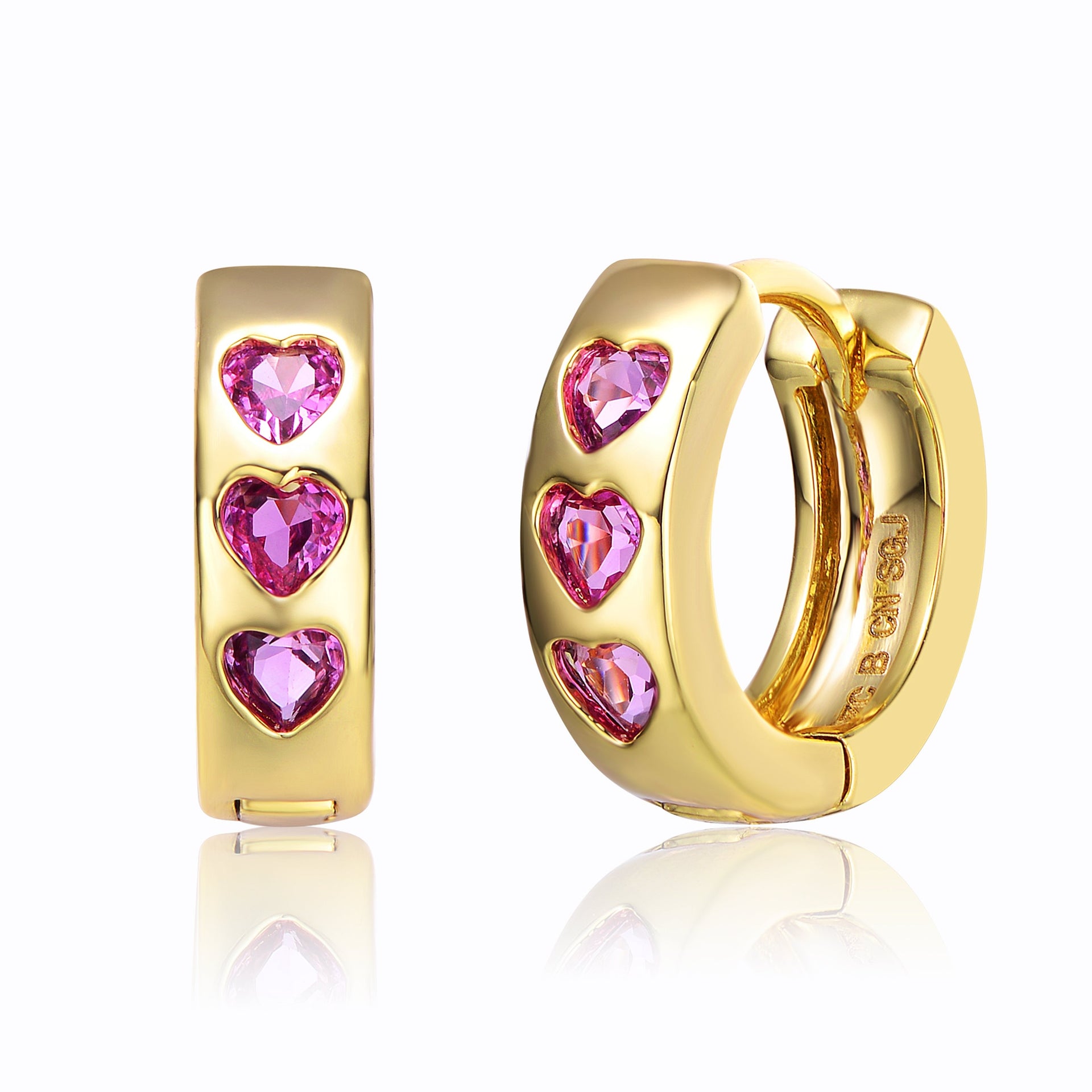 Young Adults-Teens Yellow Gold Plated With Heart Pink Cubic Zirconia Triple Stone Round Hoop Earrings