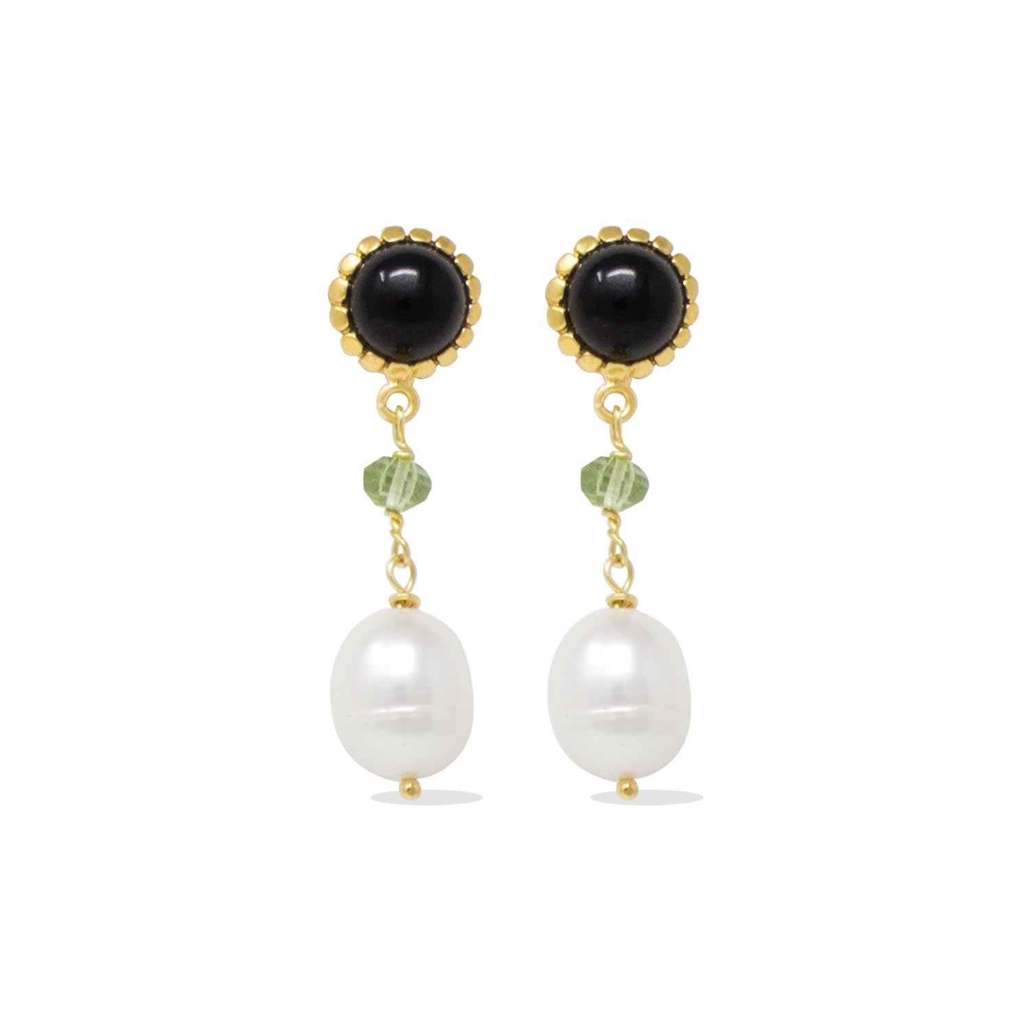 Onyx, Green Amethyst & Pearl Drop Earrings