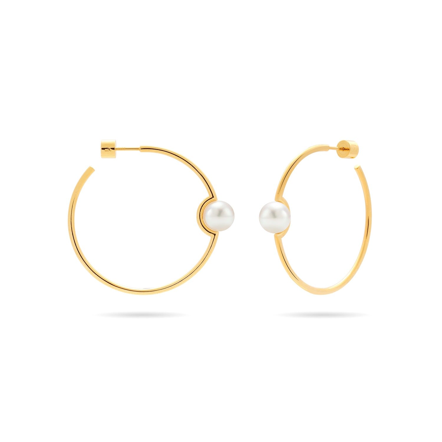 Slender Hoop Earrings With Perched Freshwater Pearl - Gold, White Pearl