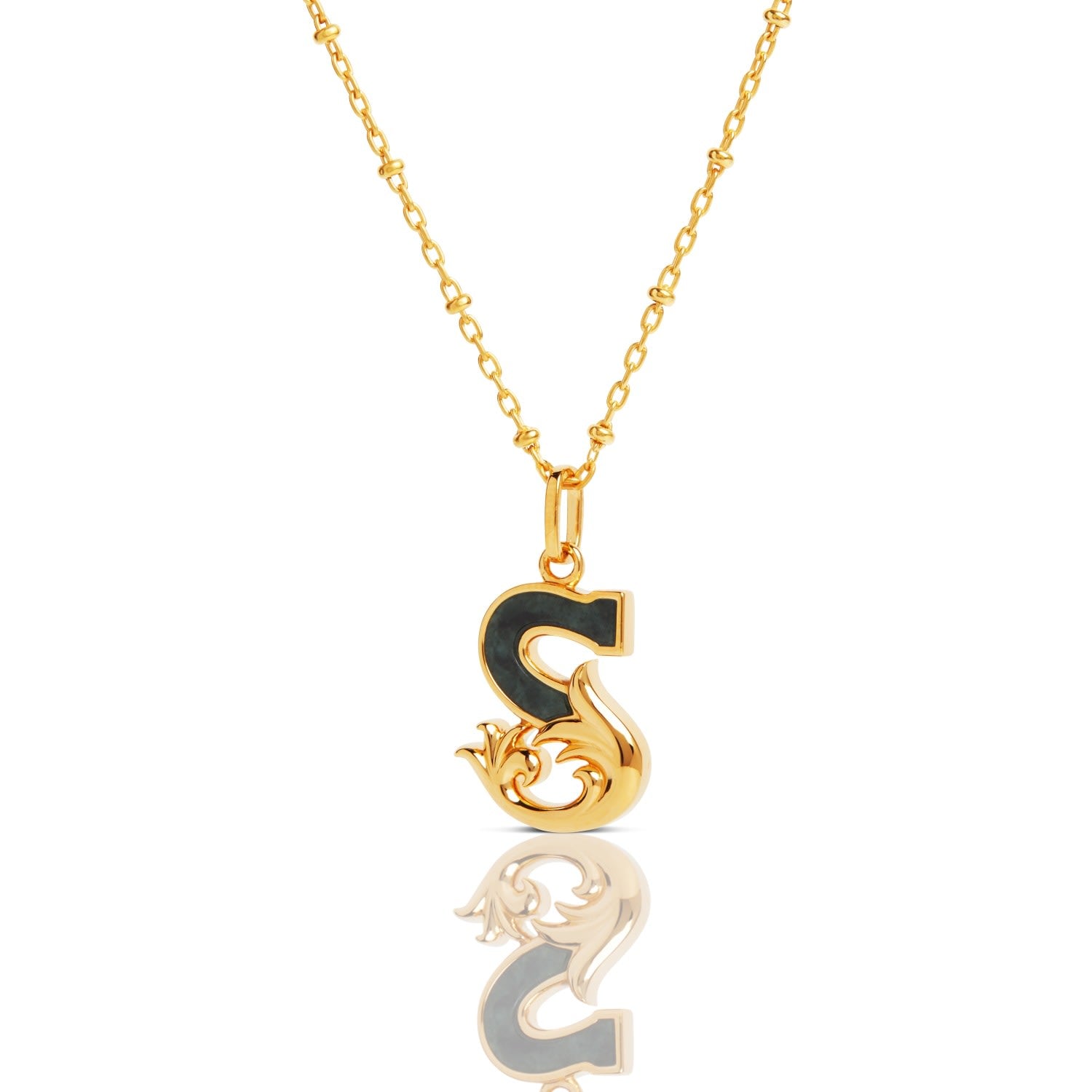 Gold Plated S Initial Necklace With Green Marble