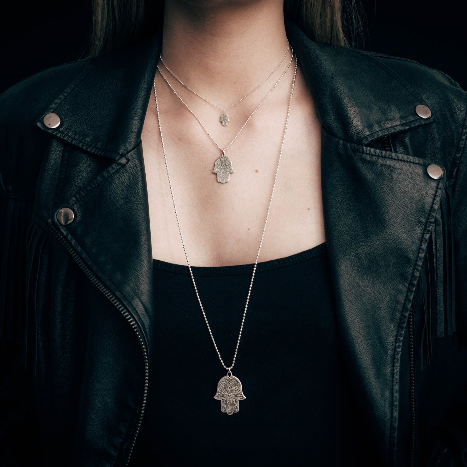 Large Silver Hamsa Hand Pendant Necklace