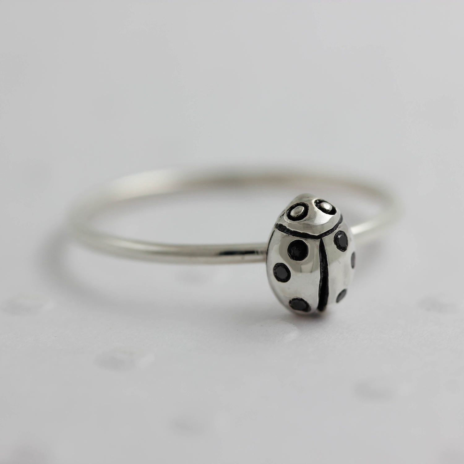 Ladybird Black Diamond Ring -Silver - Wings Closed