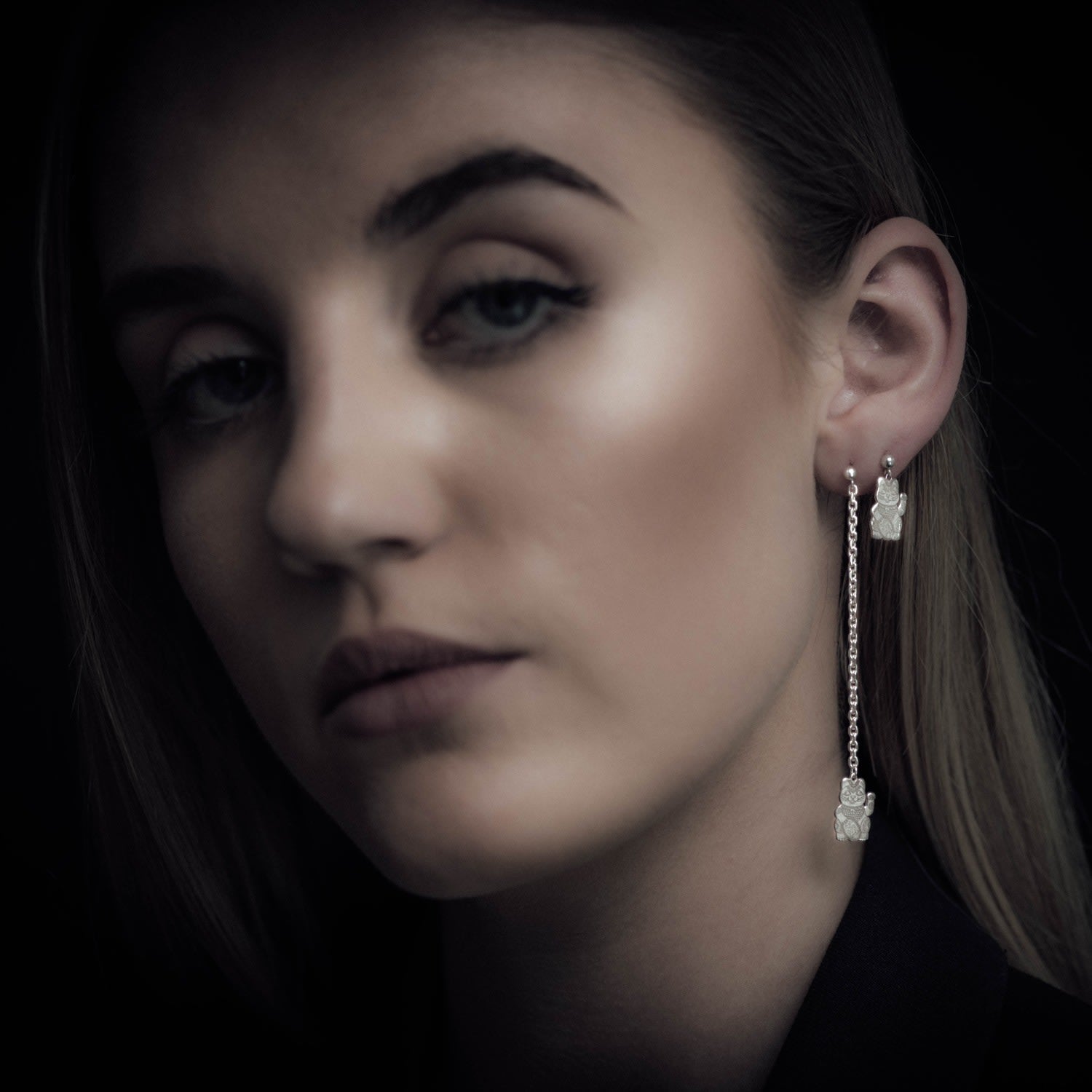 Gold Lucky Cat Single Long Drop Earring