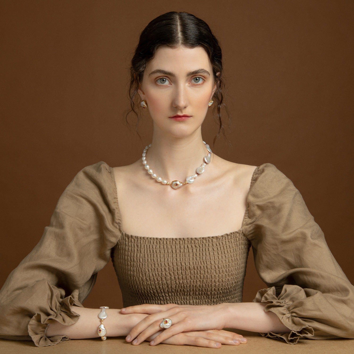 The Eye Gold-Plated Pink Ruby & Pearl Statement Necklace