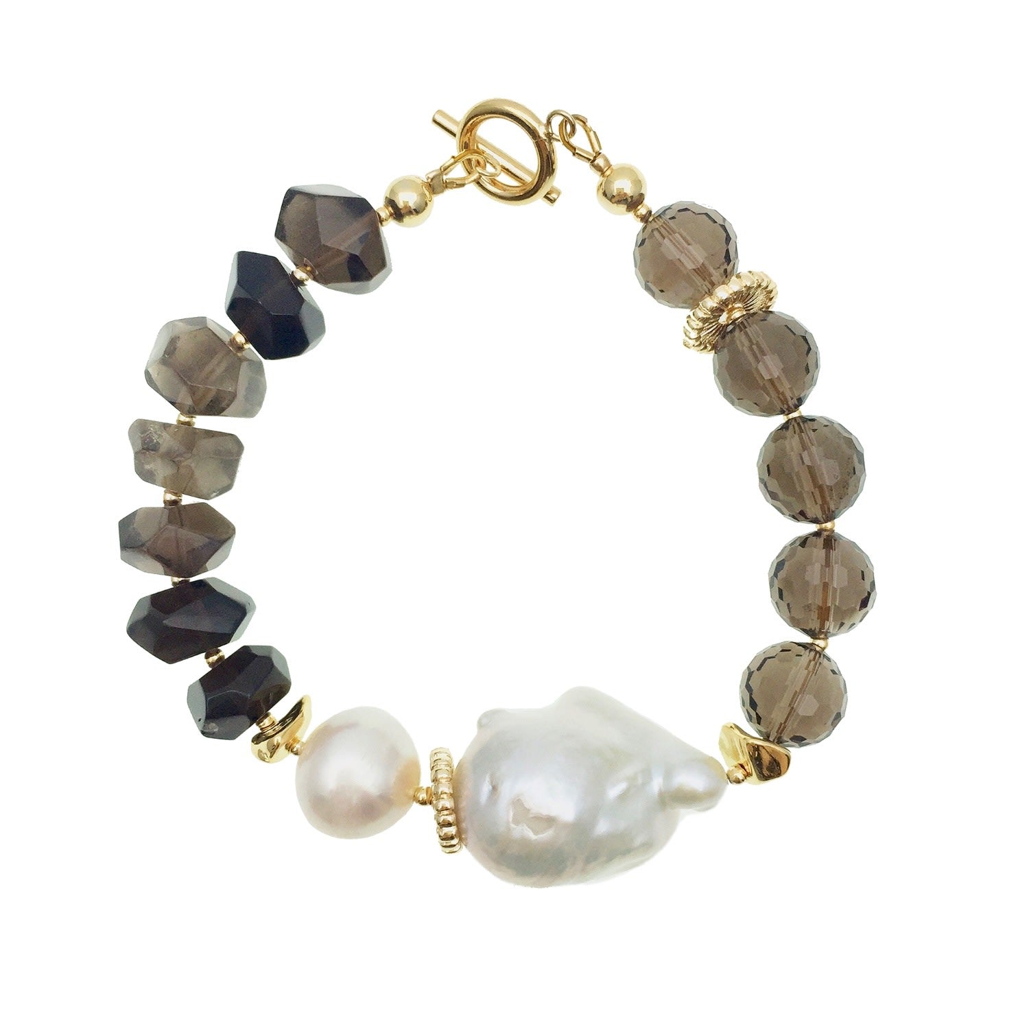 Baroque Pearl With Black Tiger Eye Stones And Smoky Quartz Bracelet