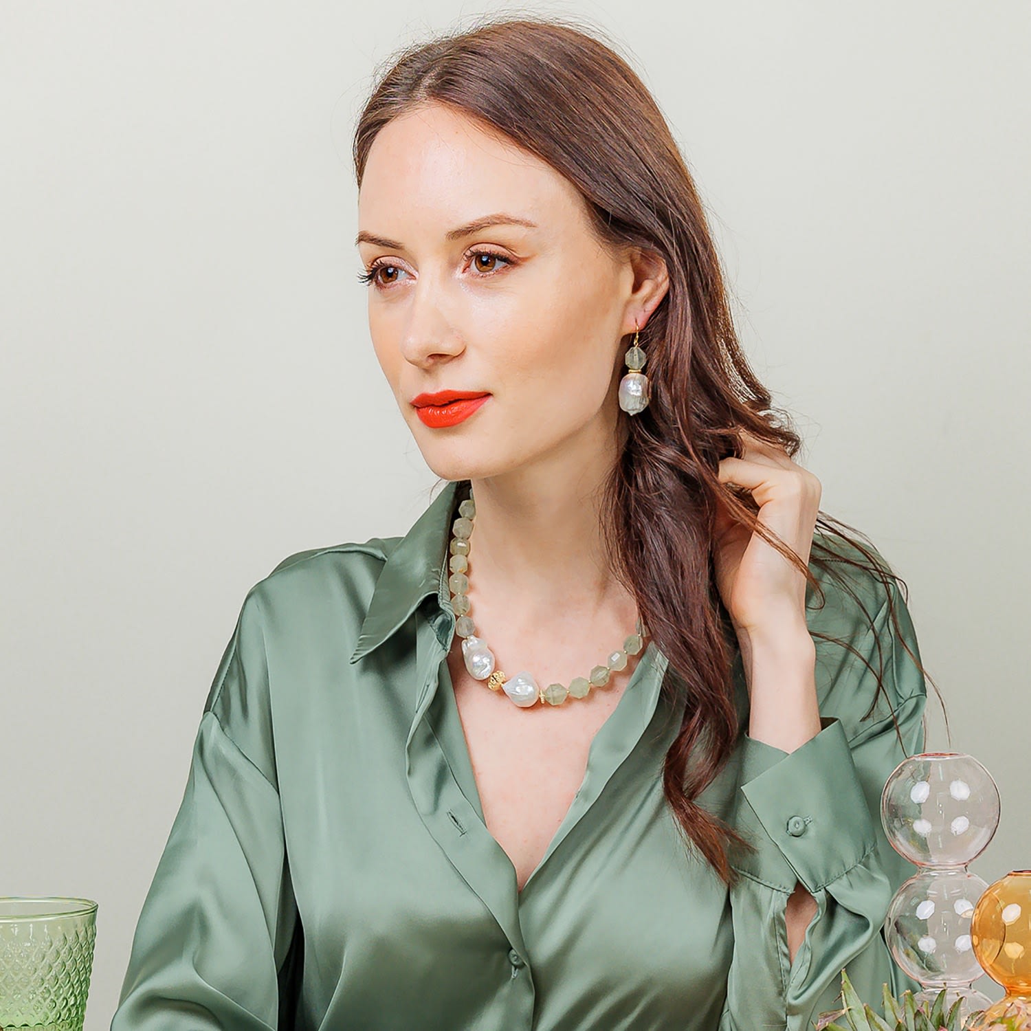 Natural Olivine With Baroque Pearl Short Necklace