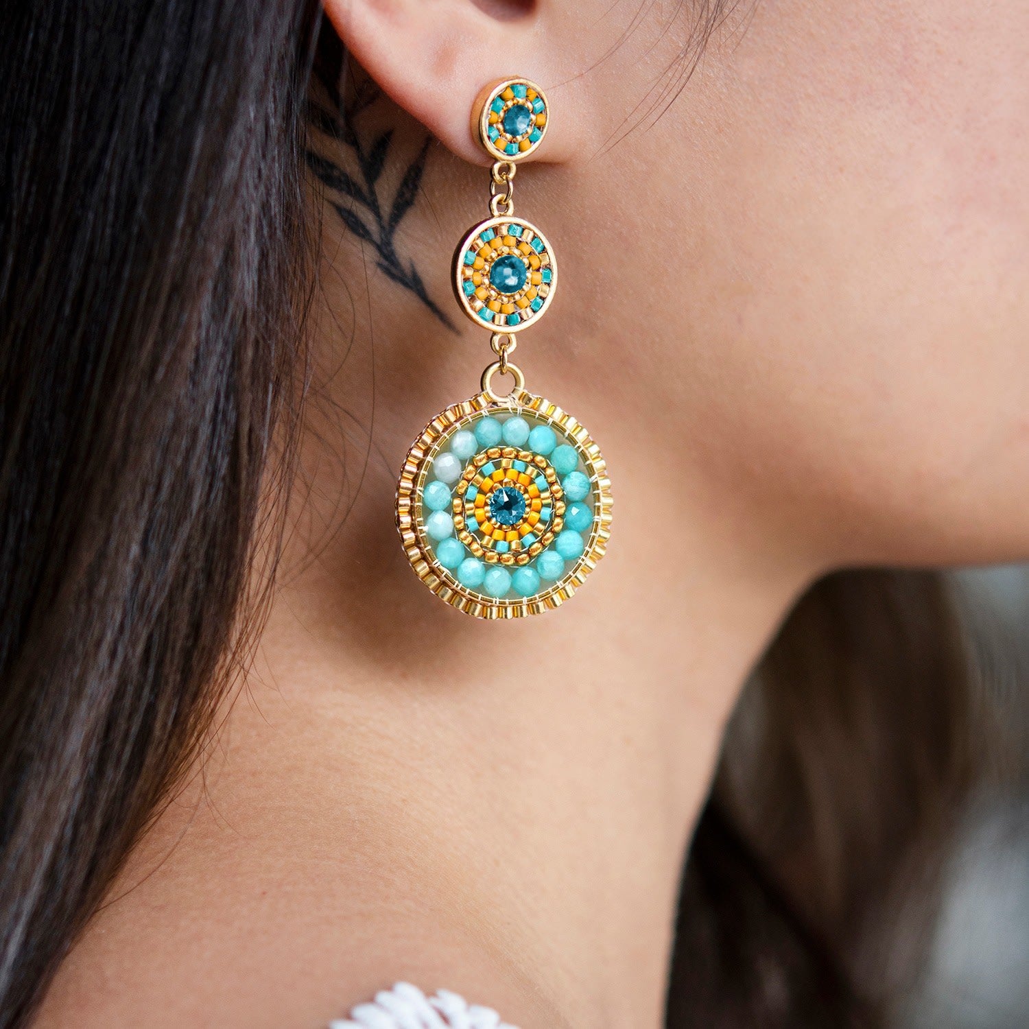 Luxe Triple Circle Statement Drop Earrings - Amazonite