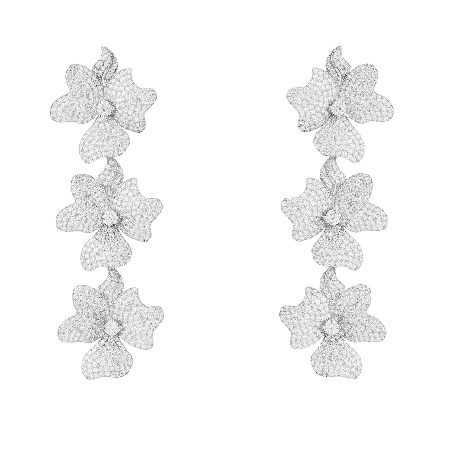 Jasmine Flower Triple Drop Earrings Silver