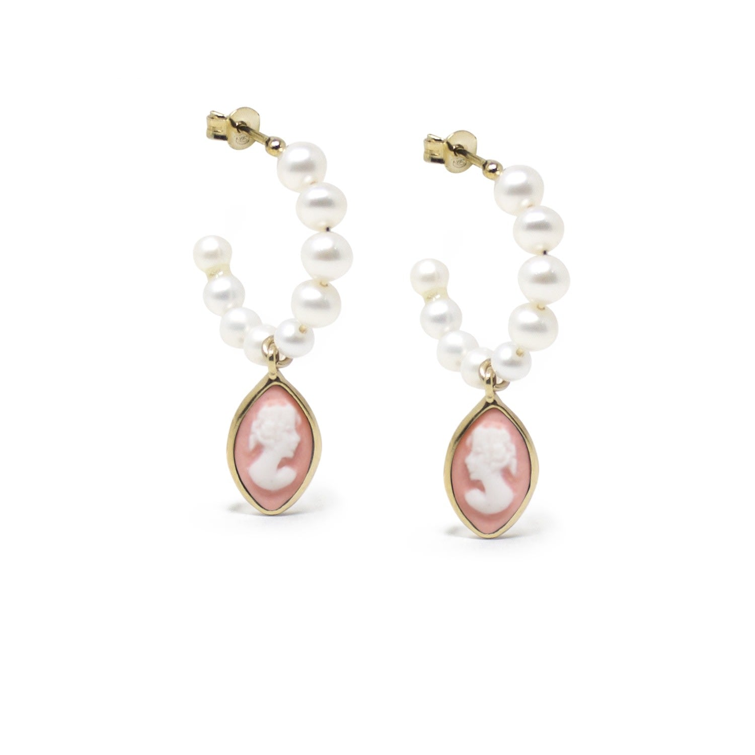 April Gold-Plated Pearl And Pink Cameo Hoop Earrings