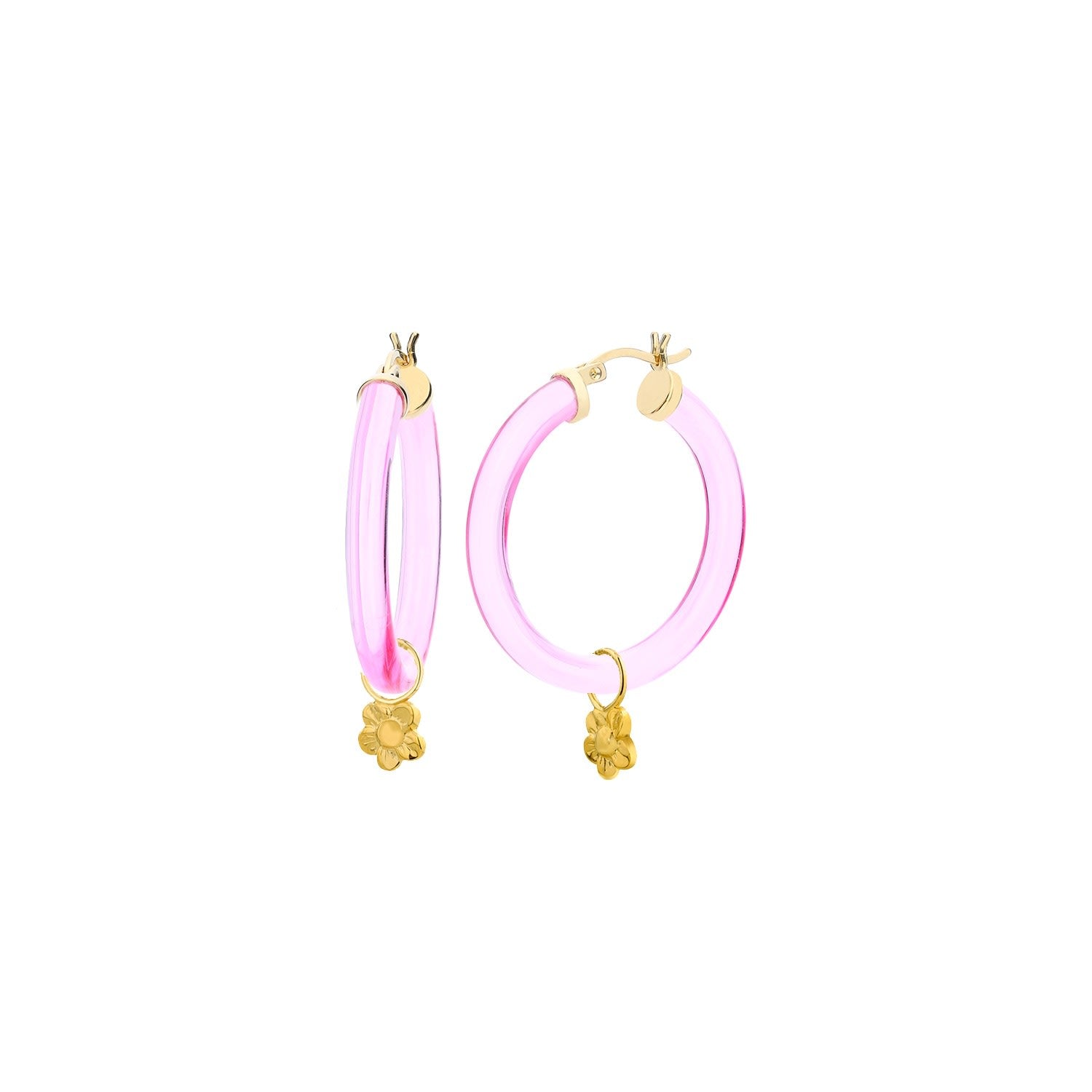 Flower Charm Hoop Earrings In Pink