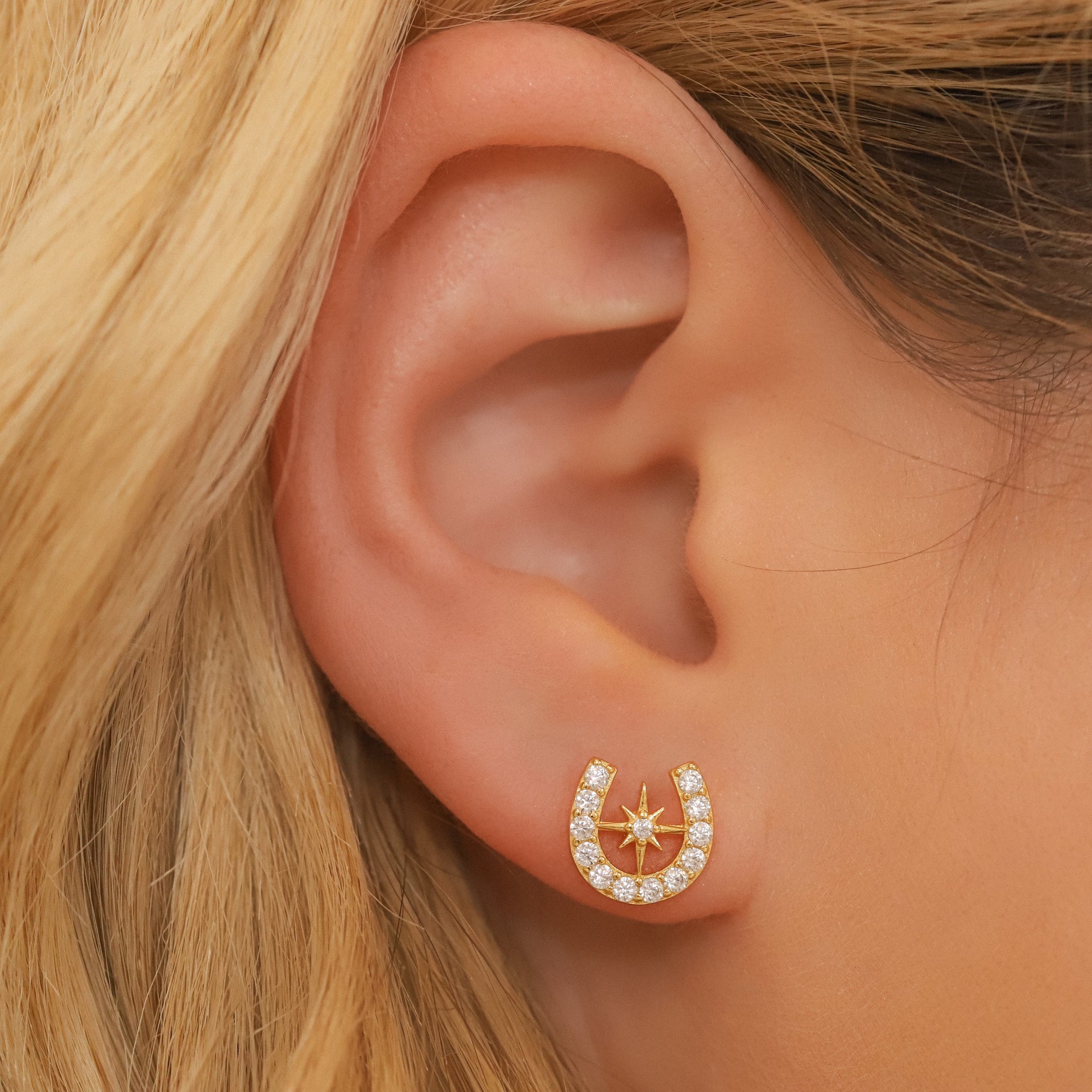 Zada Horseshoe Star Stud Earrings - Gold Plated