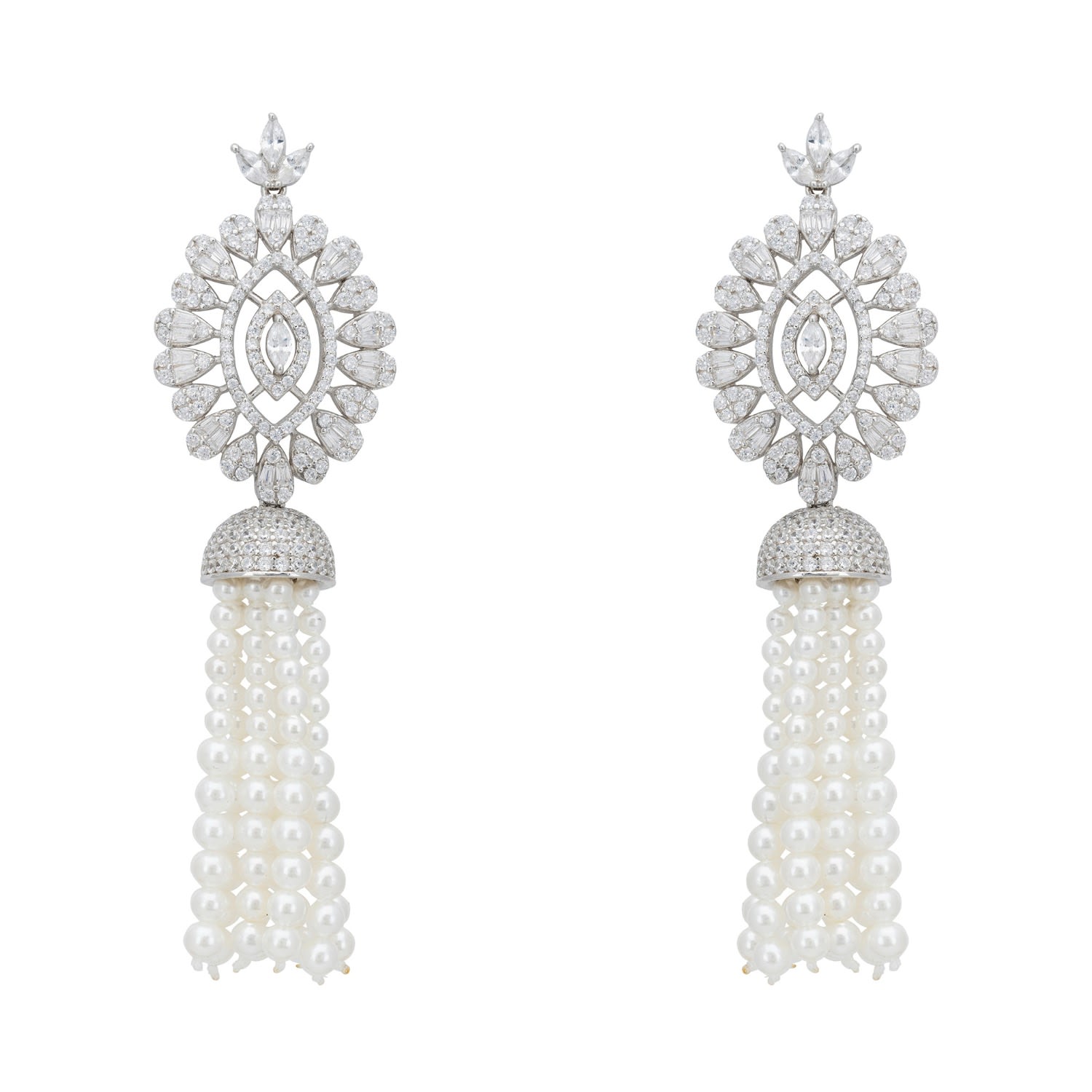 Zahara Pearl Tassel Drop Earrings Silver