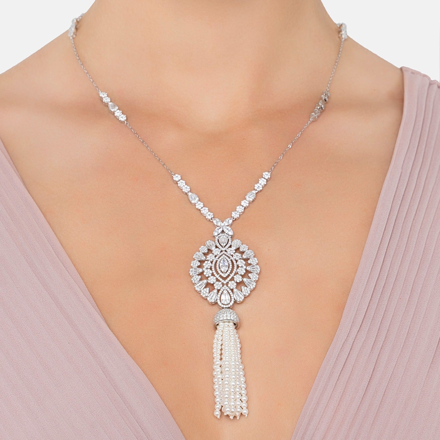Zahara Pearl Tassel Pendant Necklace Silver
