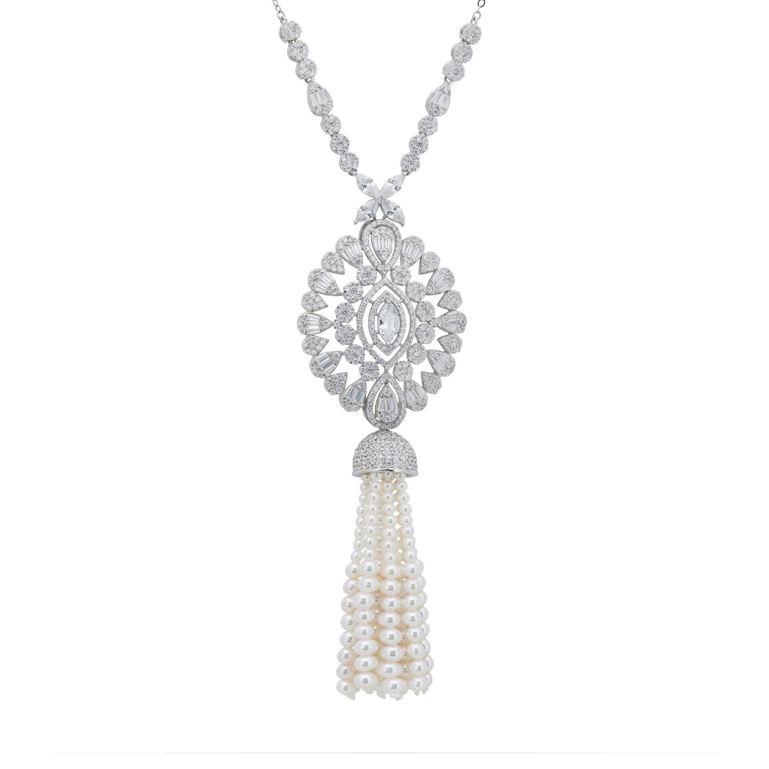 Zahara Pearl Tassel Pendant Necklace Silver