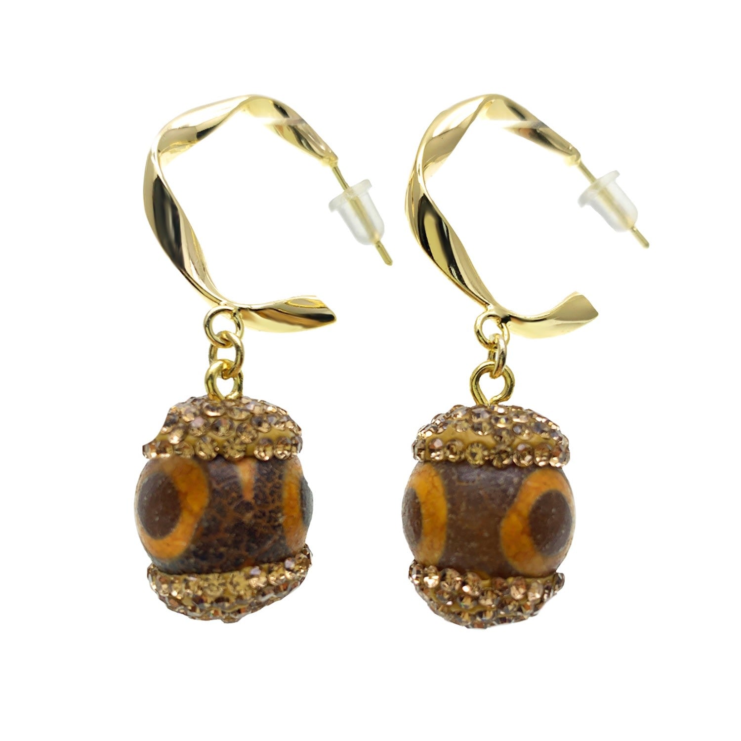 Tibetan Dzi Bead With Rhinestones Hook Earrings