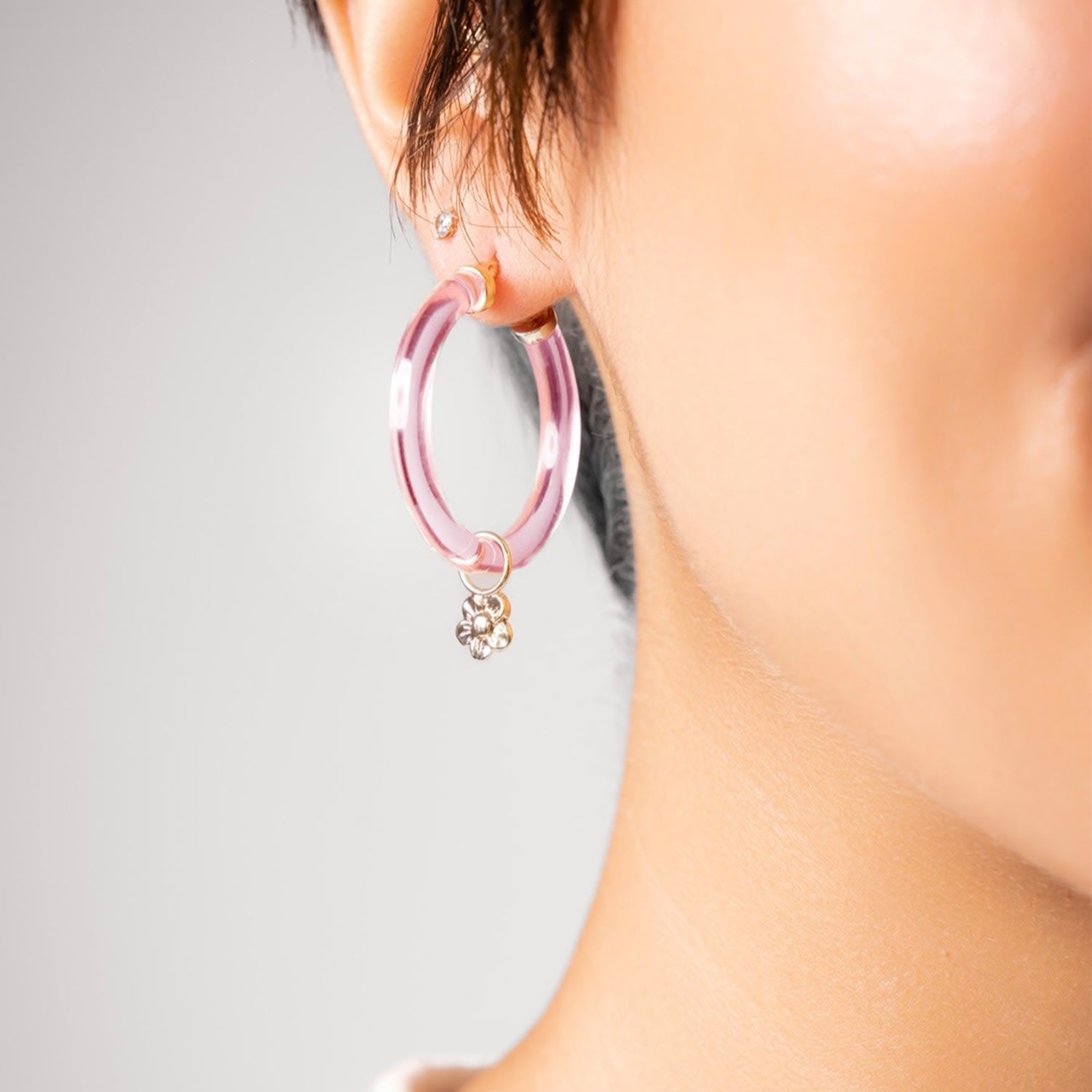 Flower Charm Hoop Earrings In Pink