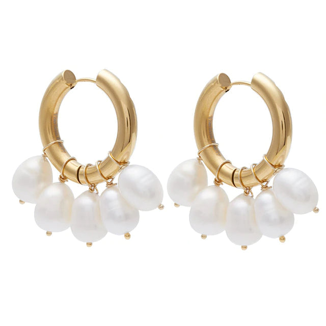 Carmen Floating Pearl Charm Gold Hoop Earrings