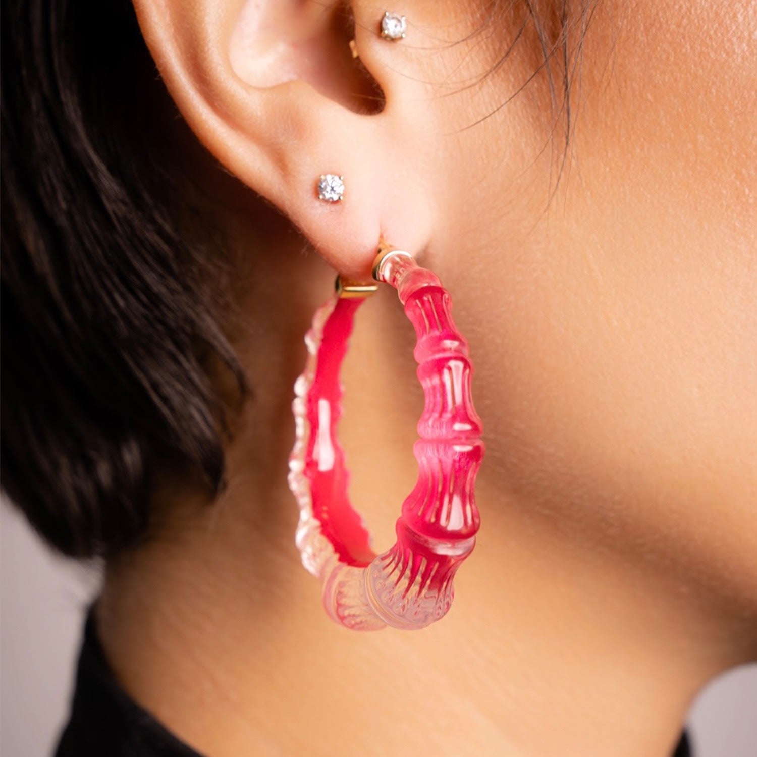 Bamboo Illusion Hoop Earrings In Pink Peacock